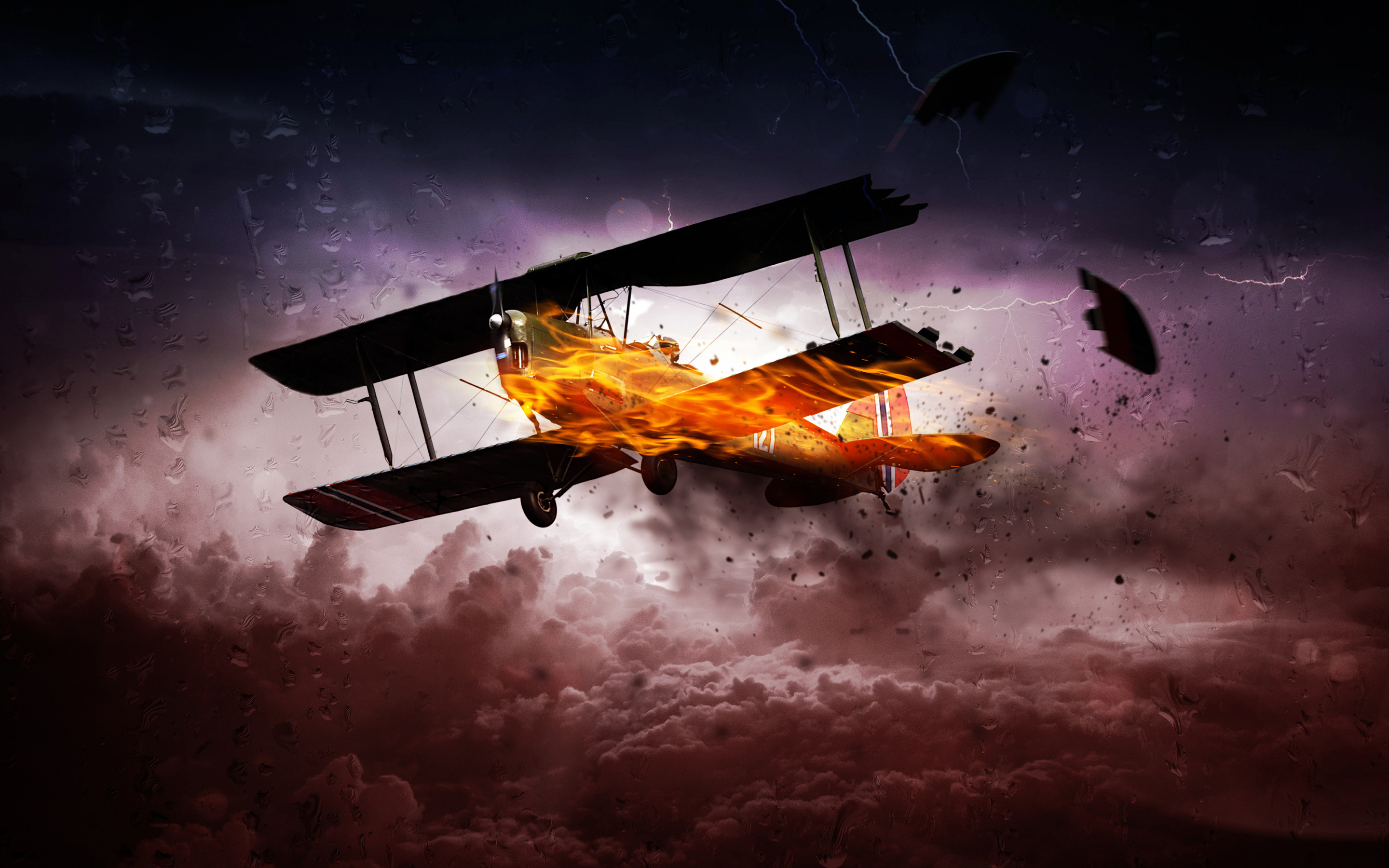 Storm, airplane on fire, digital art, 2880x1800 wallpaper