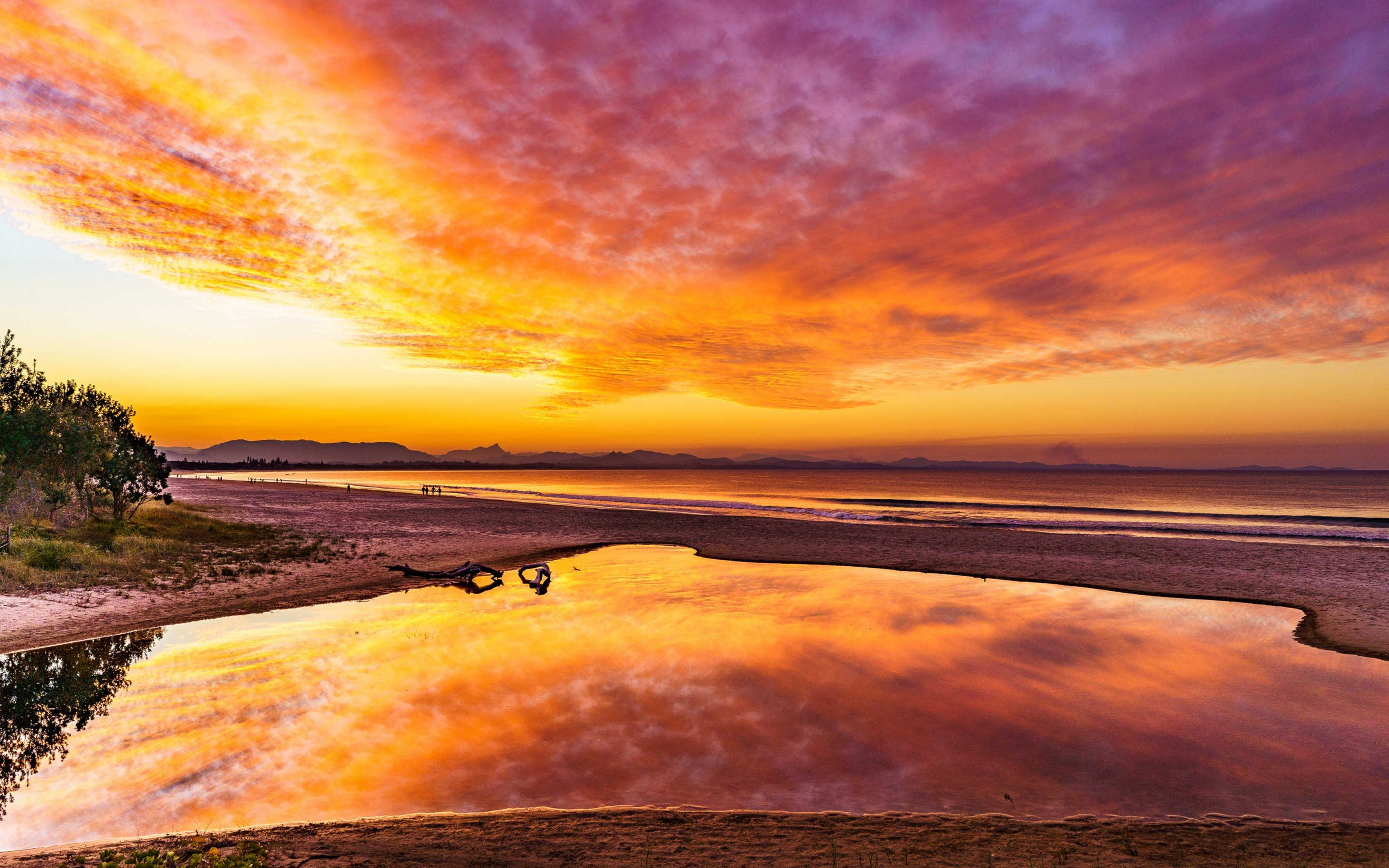 Sunset, beach orange pink skyline, clouds, nature, 2880x1800 wallpaper