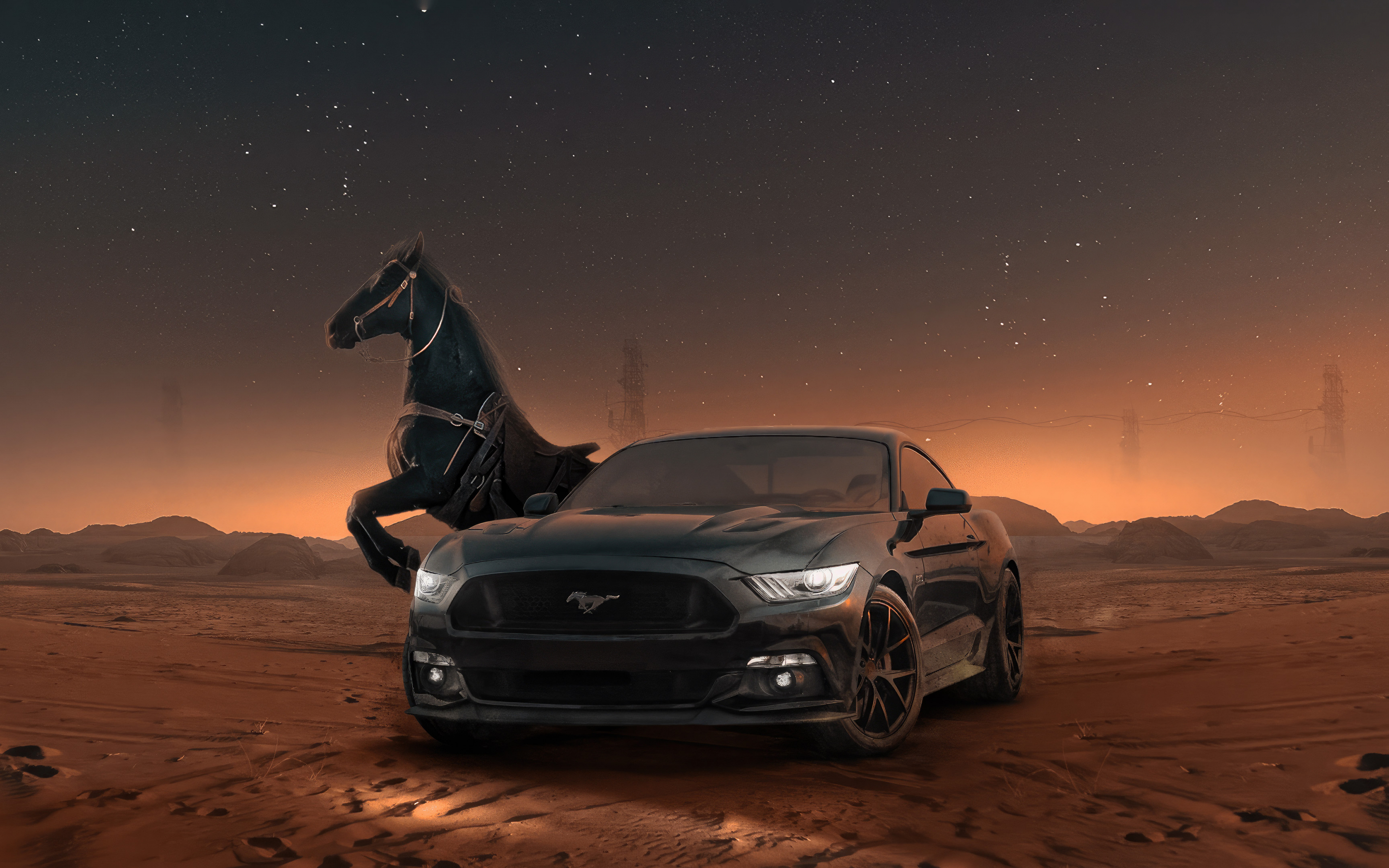 Ford Mustang and horse, beautiful car, 2880x1800 wallpaper