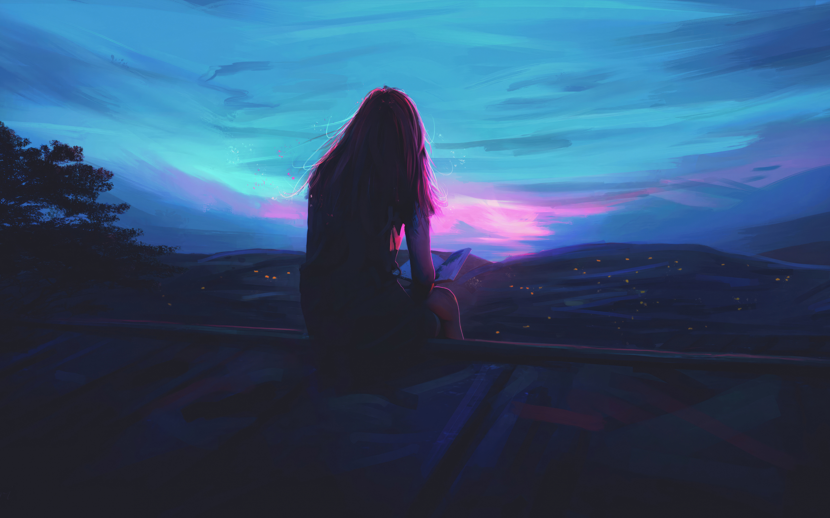 Great place for reading, girl sitting on the fence, sunset, art, 2880x1800 wallpaper