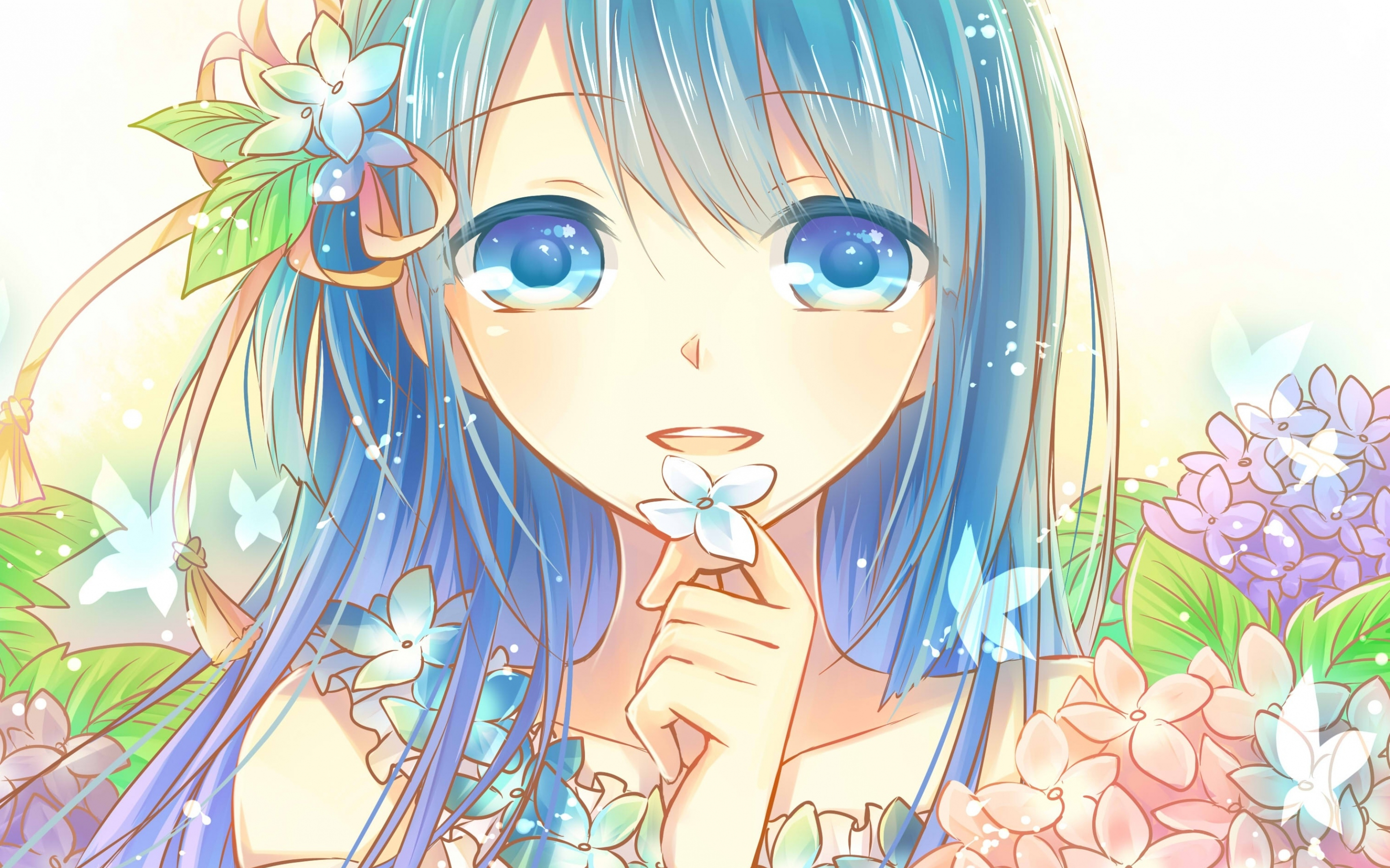 Blue eyes, anime girl and flowers, original, 2880x1800 wallpaper