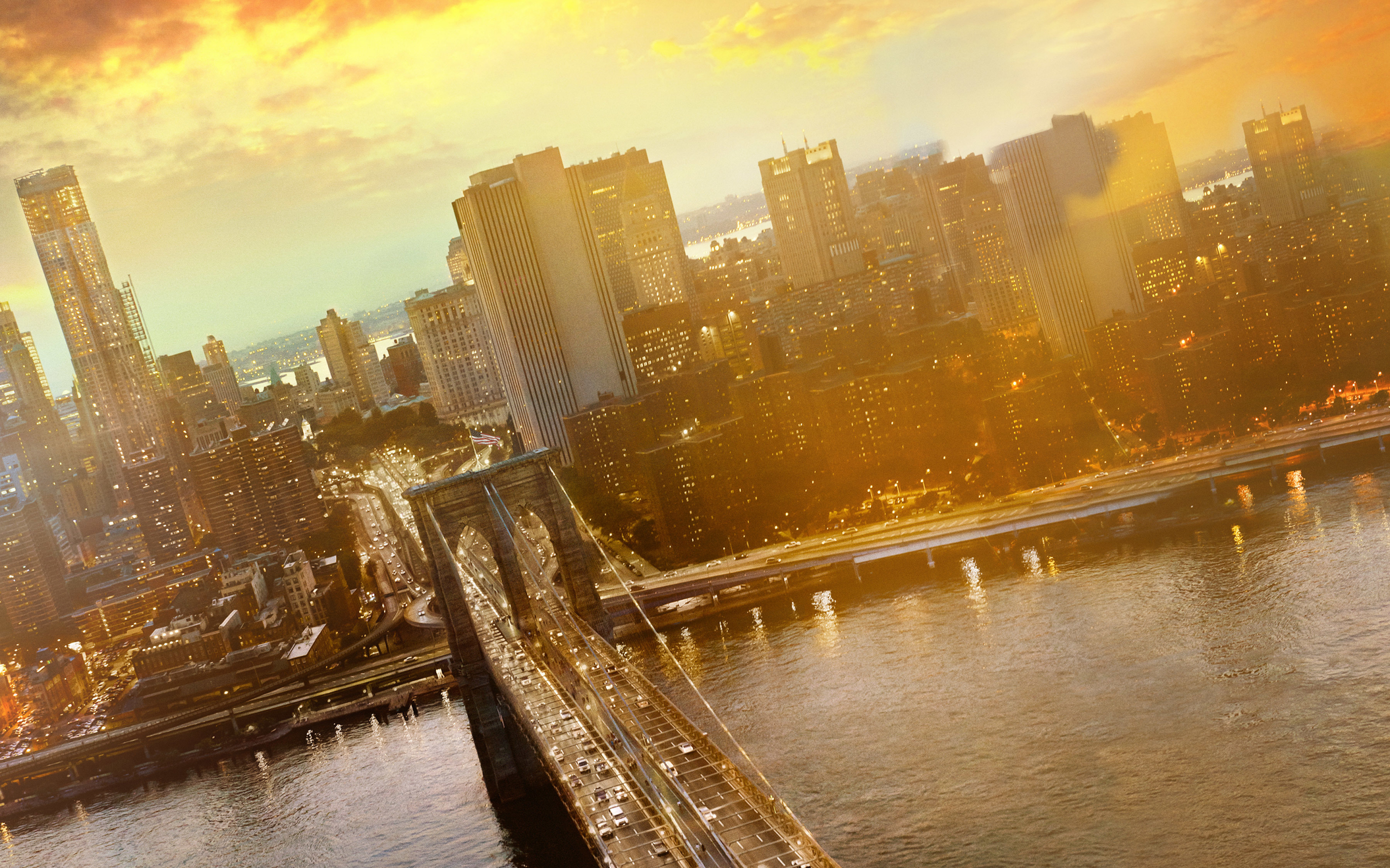 Brooklyn Bridge, cityscape, sunset, New York, 2880x1800 wallpaper
