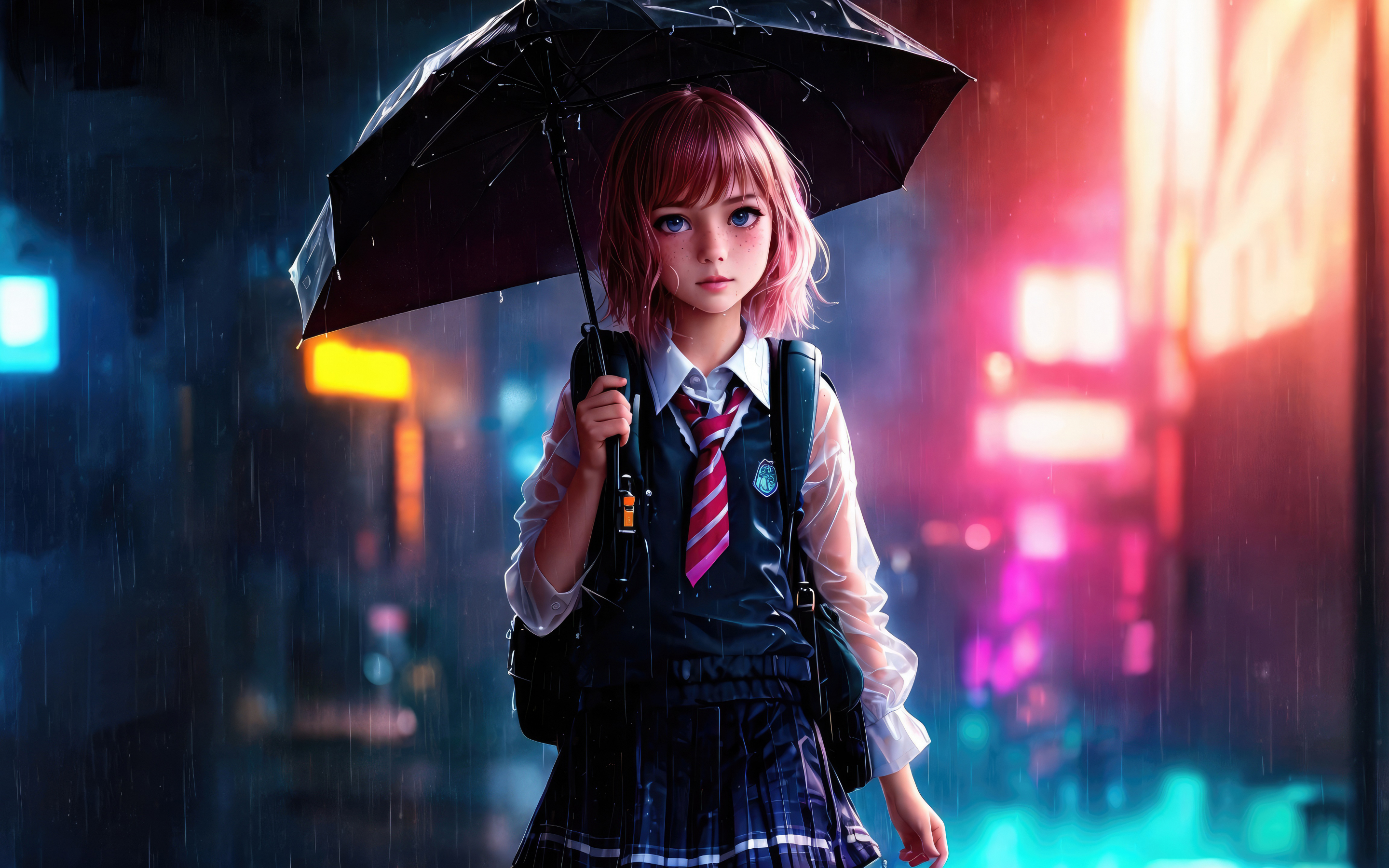 School girl with umbrella, rain, cute and beautiful, 2880x1800 wallpaper