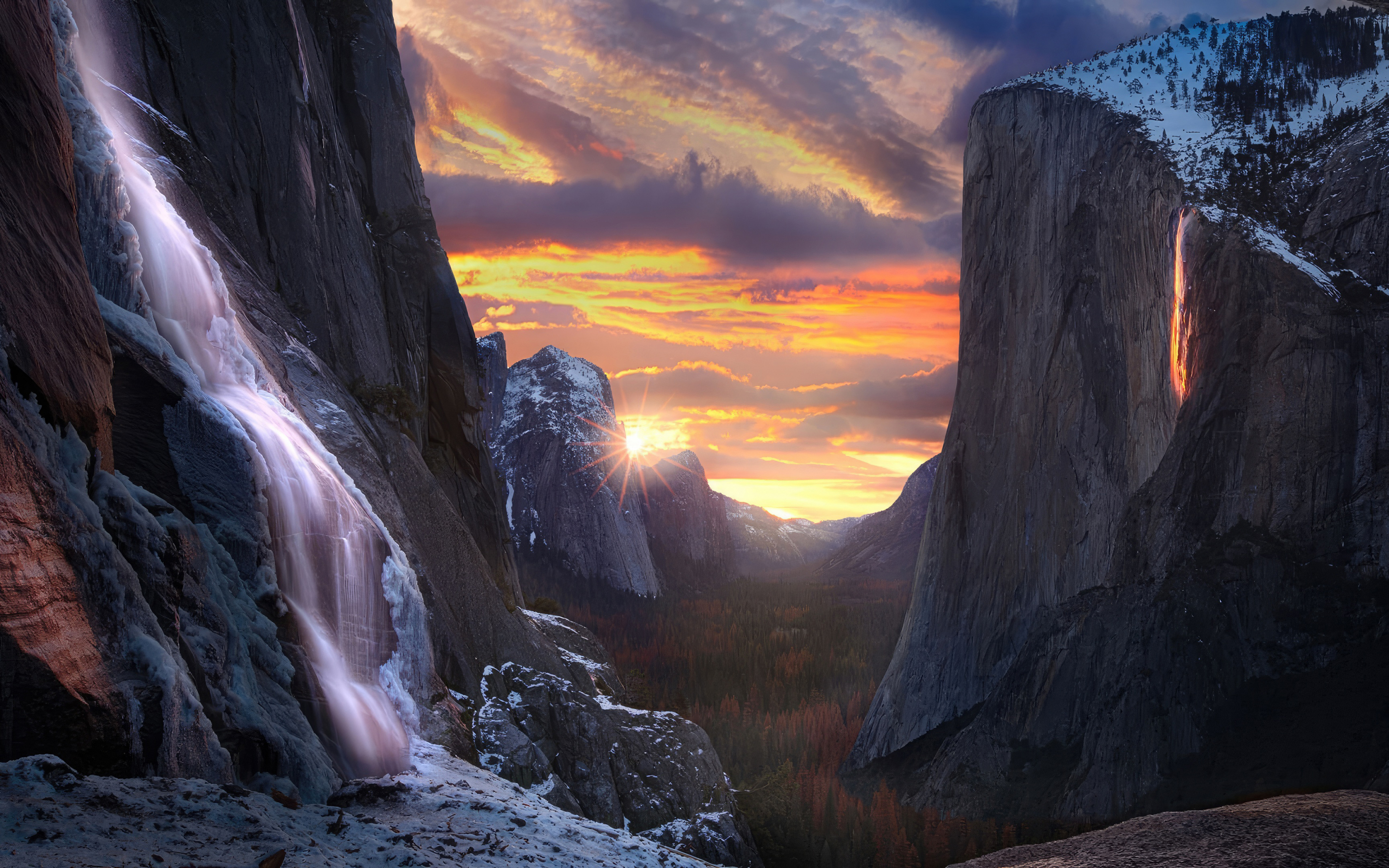 Horsetail falls, waterfall, nature, sunset, 2880x1800 wallpaper
