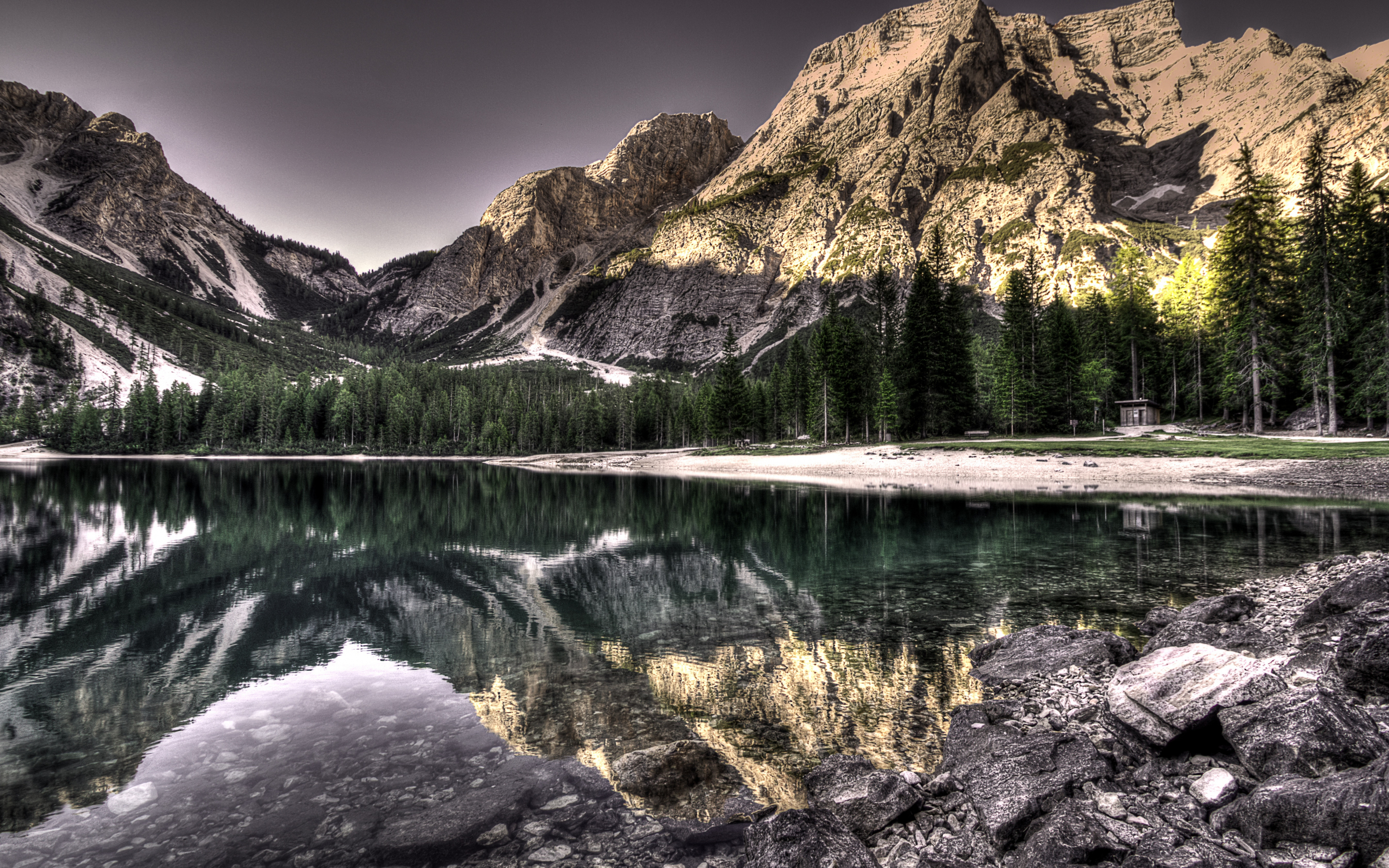 Nature, lake, rocks, forest, mountains, reflections, 2880x1800 wallpaper