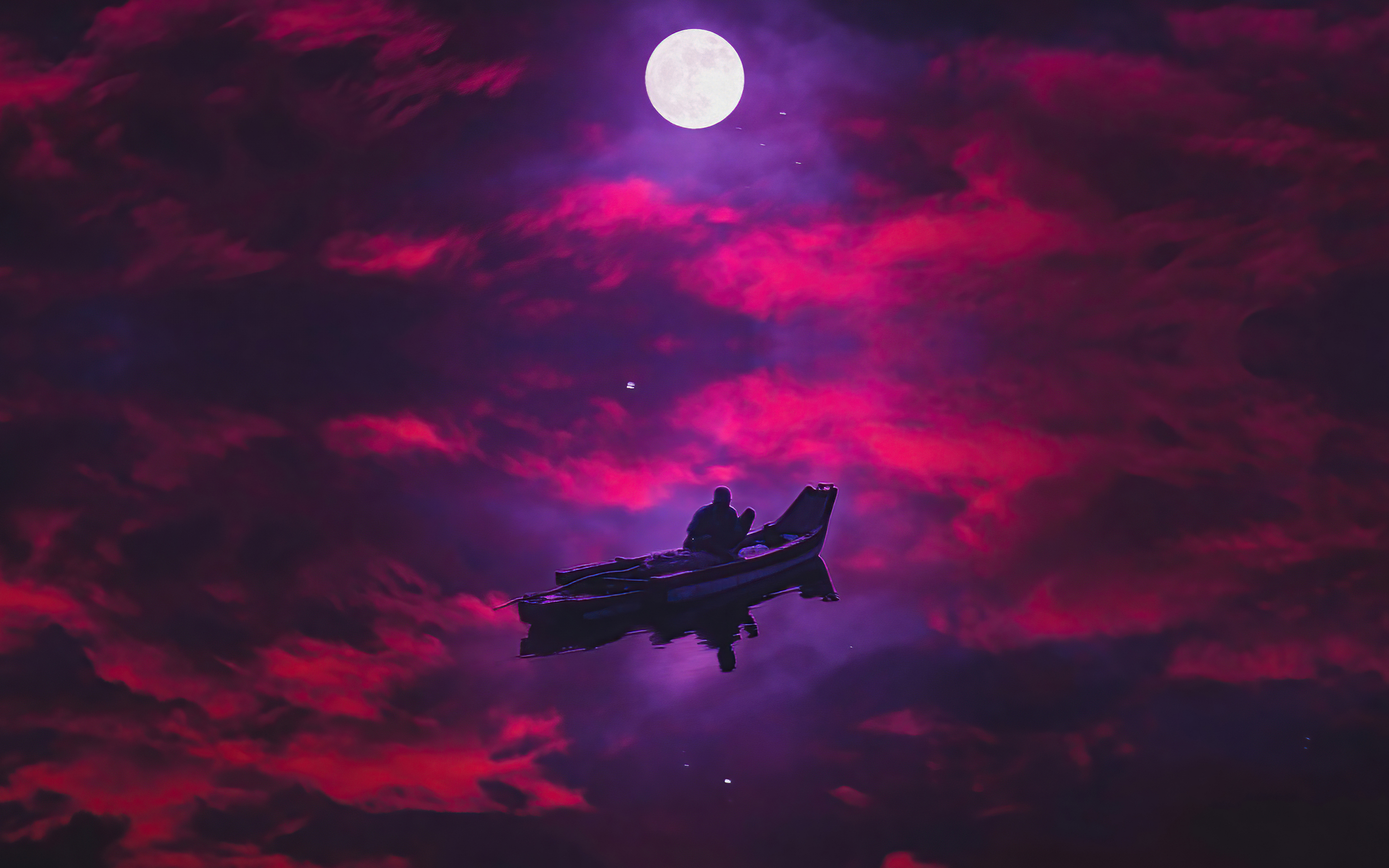 Dark evening, boating, bright moon, red sky, art, 2880x1800 wallpaper