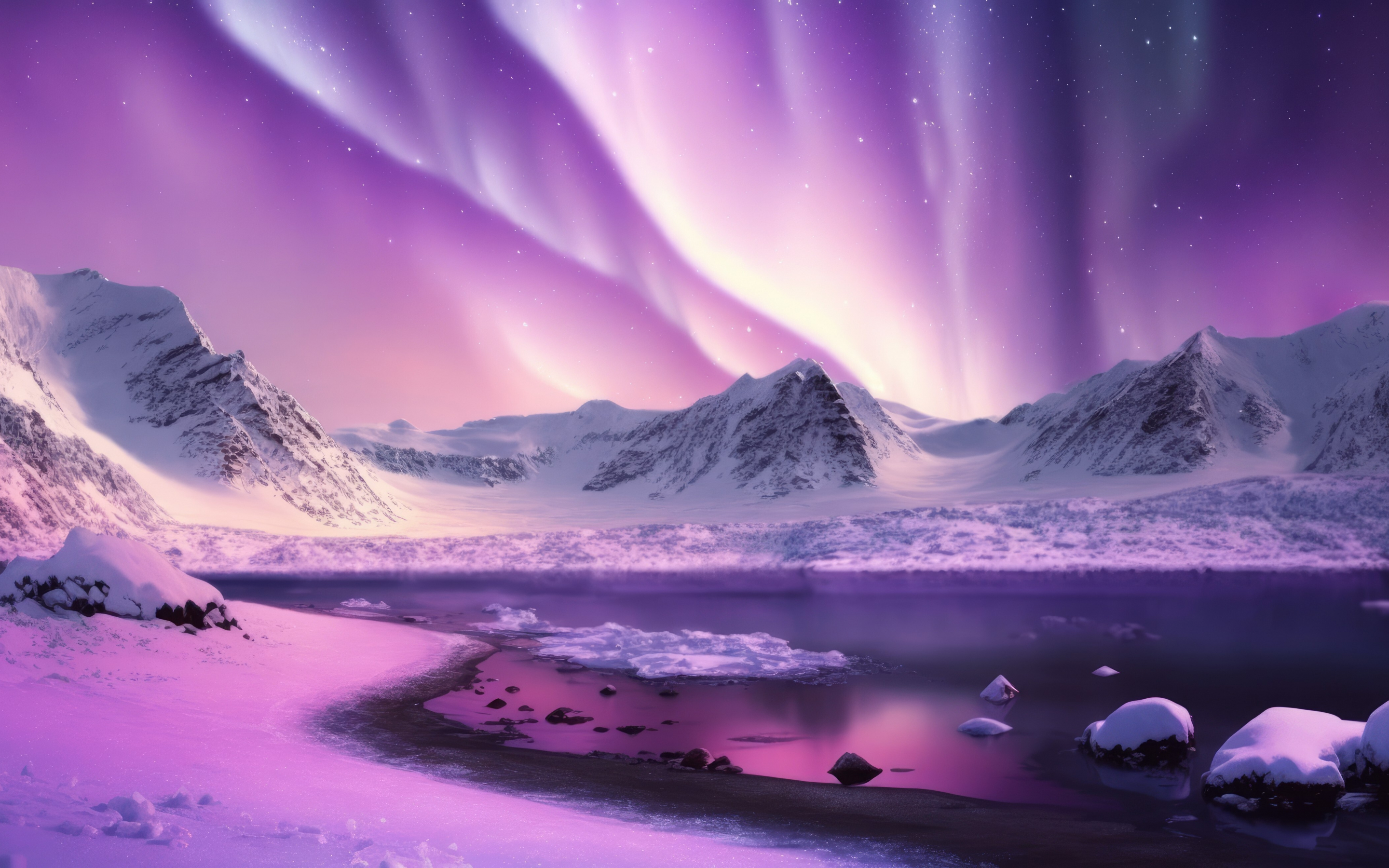Pink-purple sky, glacier, lake, northern lights, art, 2880x1800 wallpaper