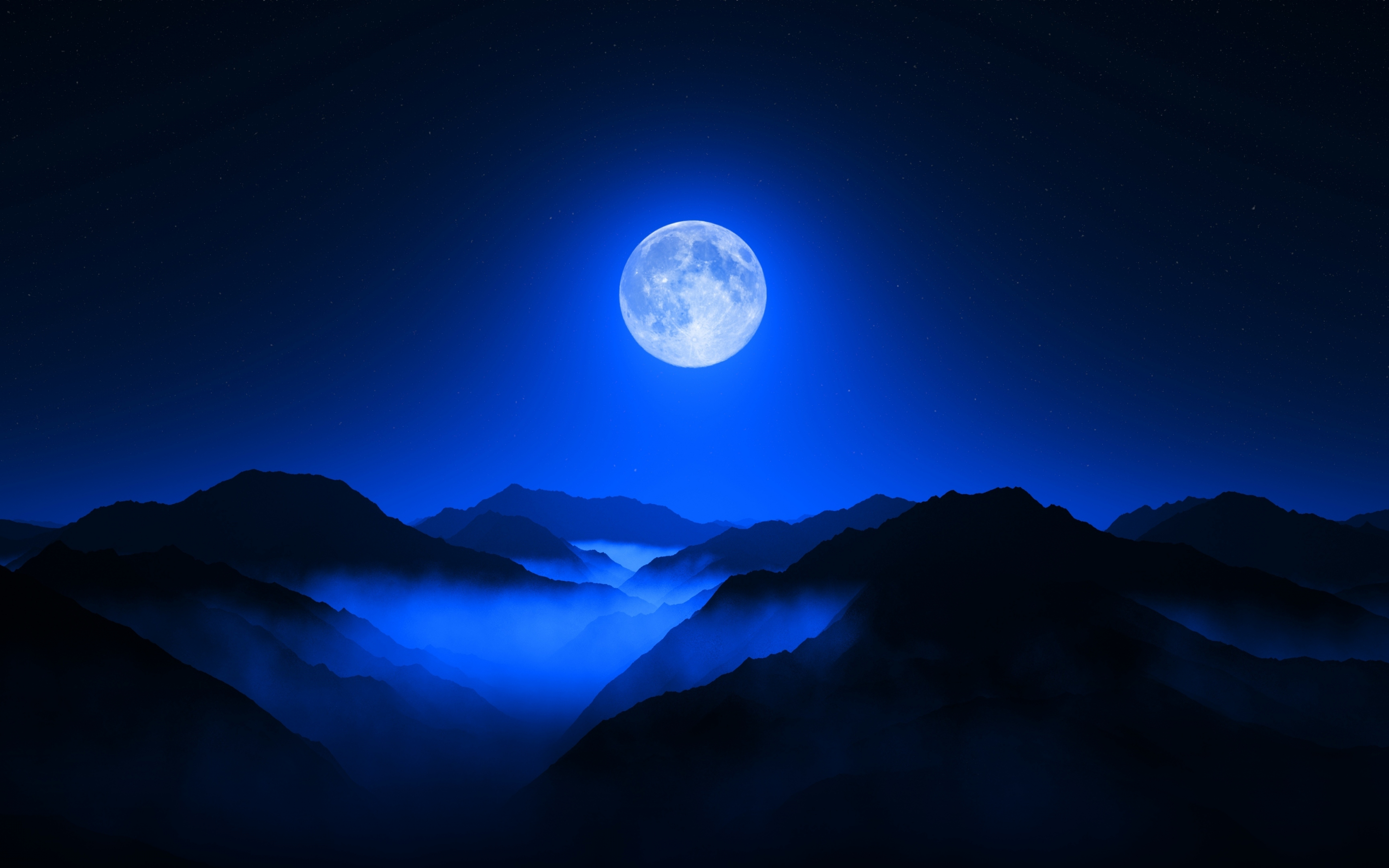 Moon night, mountain range, horizon, blue sky, night, 2880x1800 wallpaper