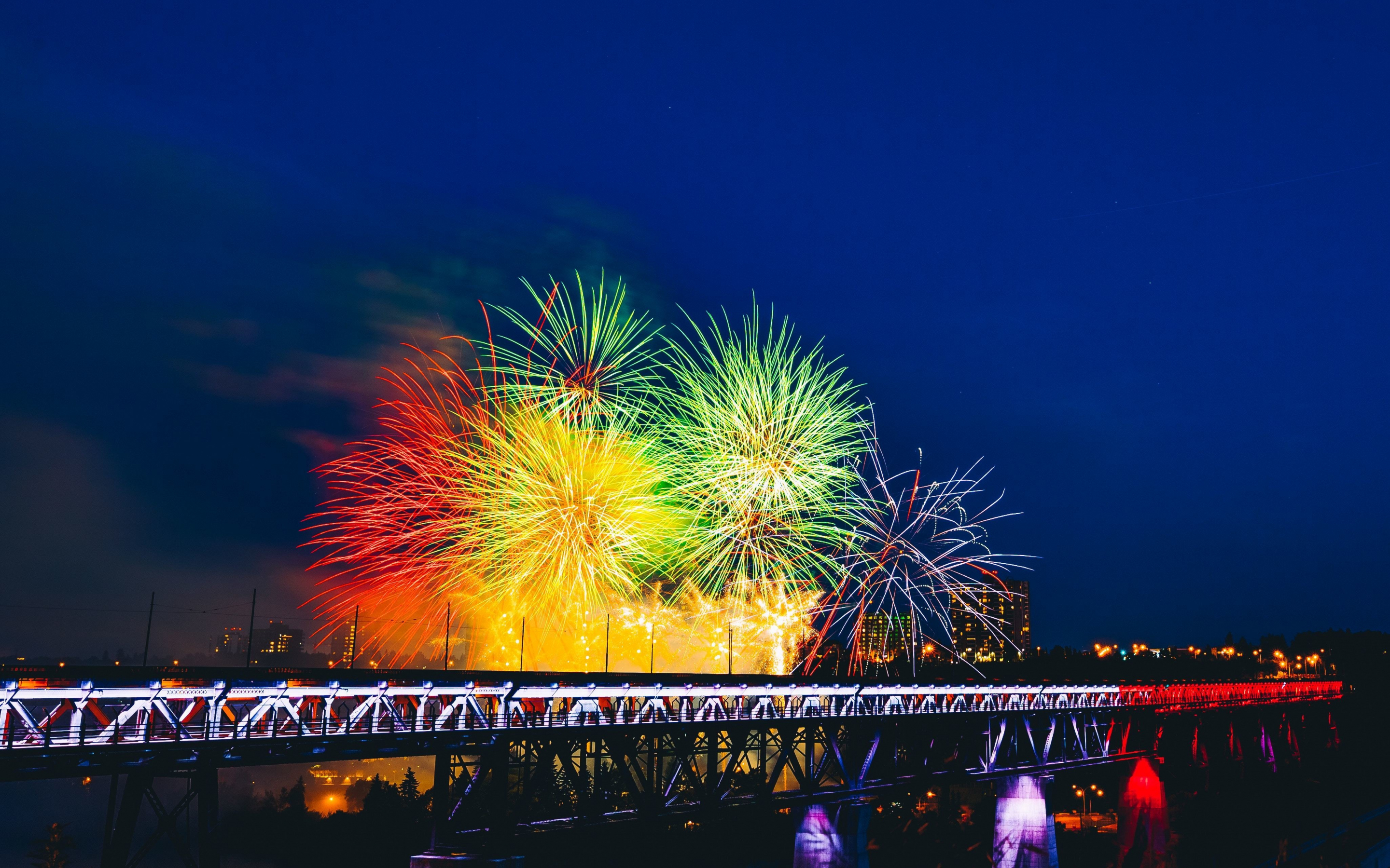 Fireworks, bridge, holiday, colorful, 2880x1800 wallpaper