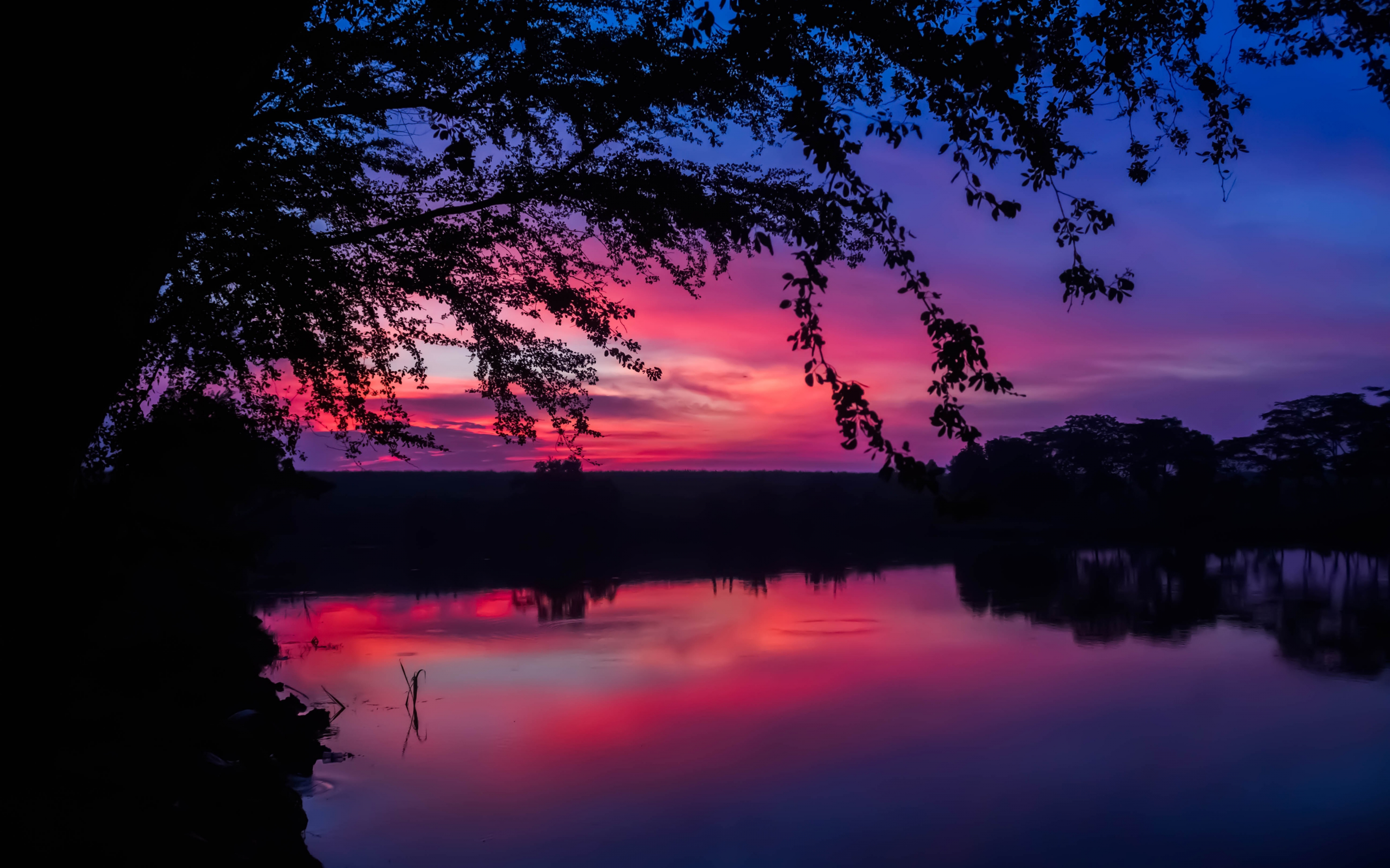 Twilight, sunset, colorful, sky, lake, nature, 2880x1800 wallpaper