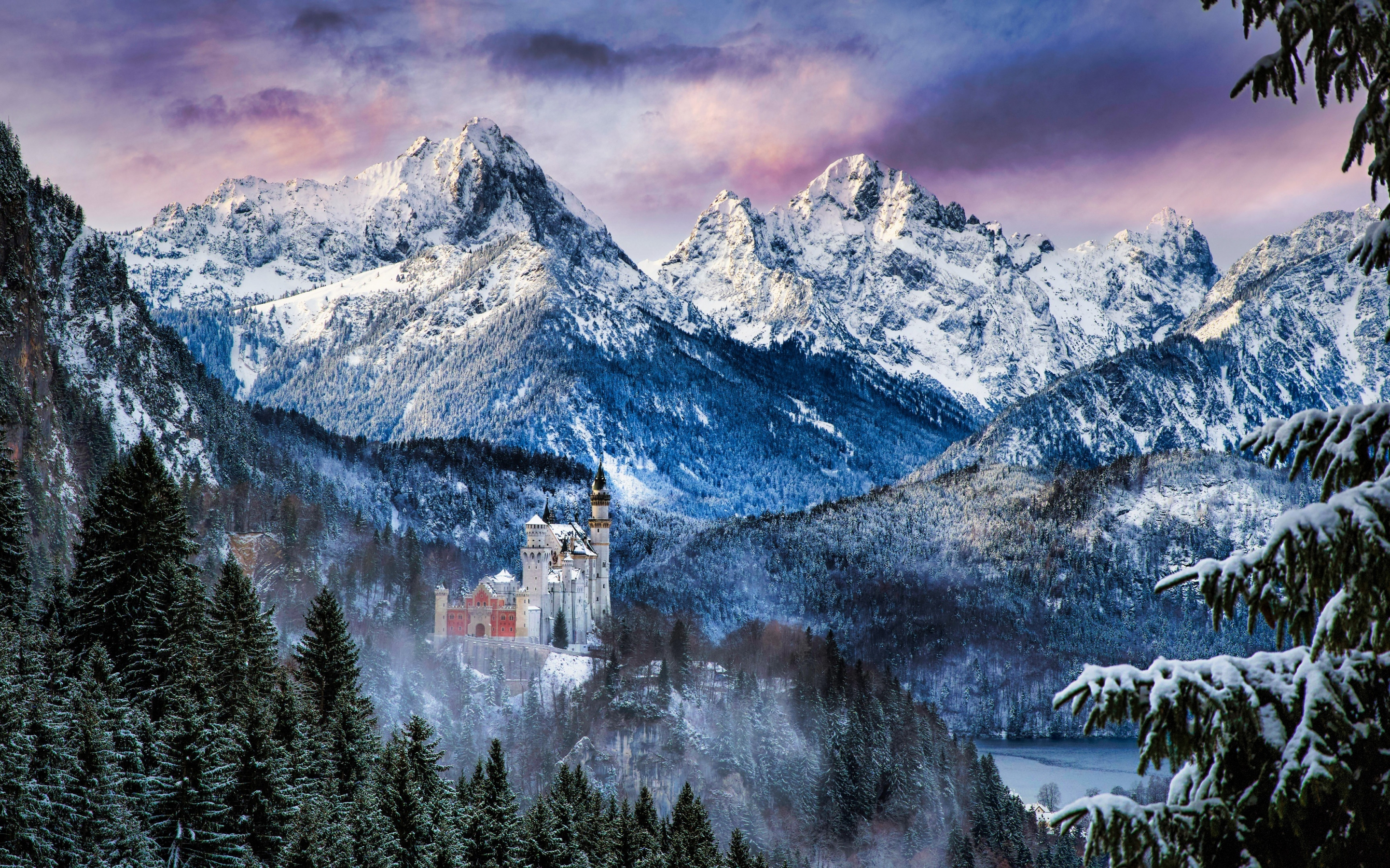 Neuschwanstein Castle, mountains, winter, nature, 2880x1800 wallpaper