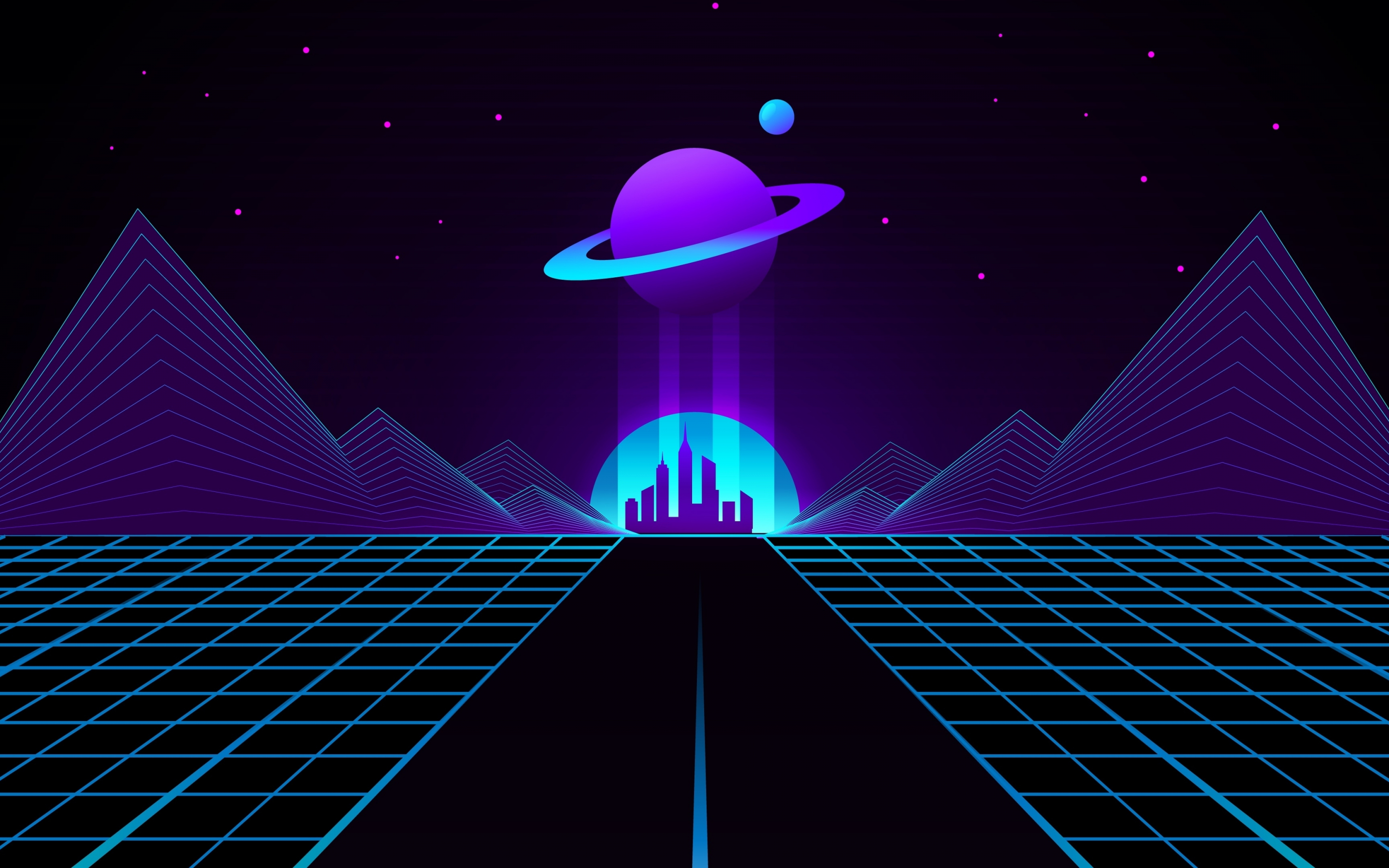 Synthwave, planet and city, retro wave, digital art, 2880x1800 wallpaper