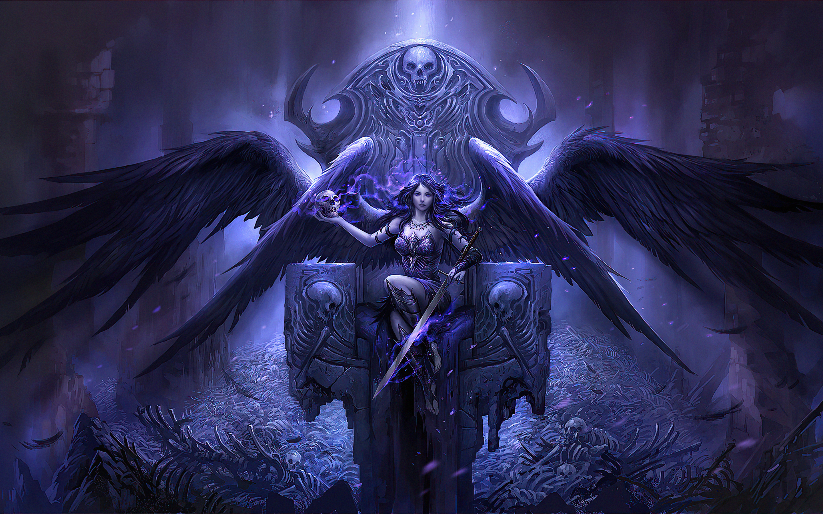 Black Angel sitting on throne, fantasy, artwork, 2880x1800 wallpaper