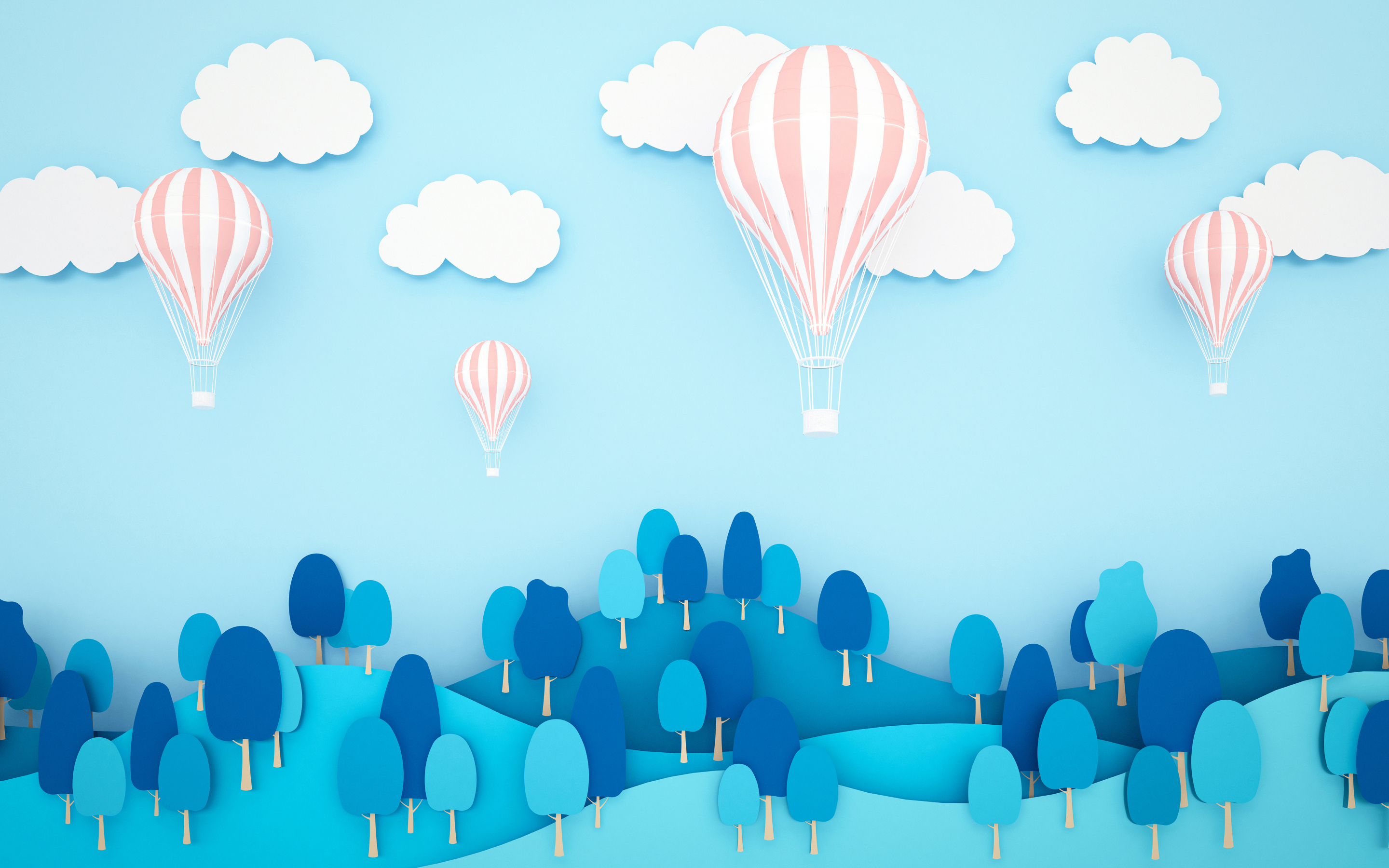 Air balloons, blue sky, minimal, digital art, 2880x1800 wallpaper