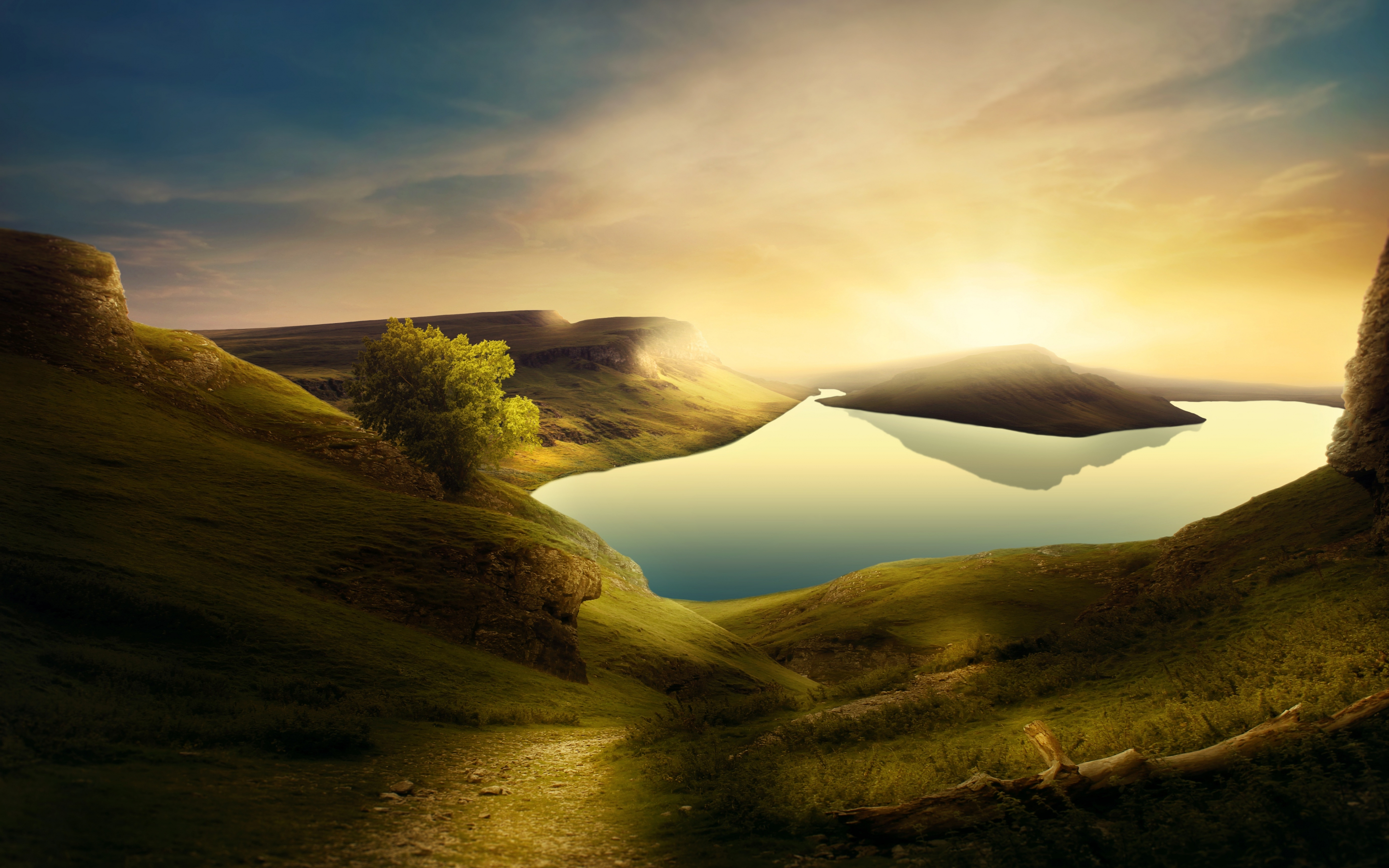 Mountains, lake, hills, landscape, sunset, 2880x1800 wallpaper