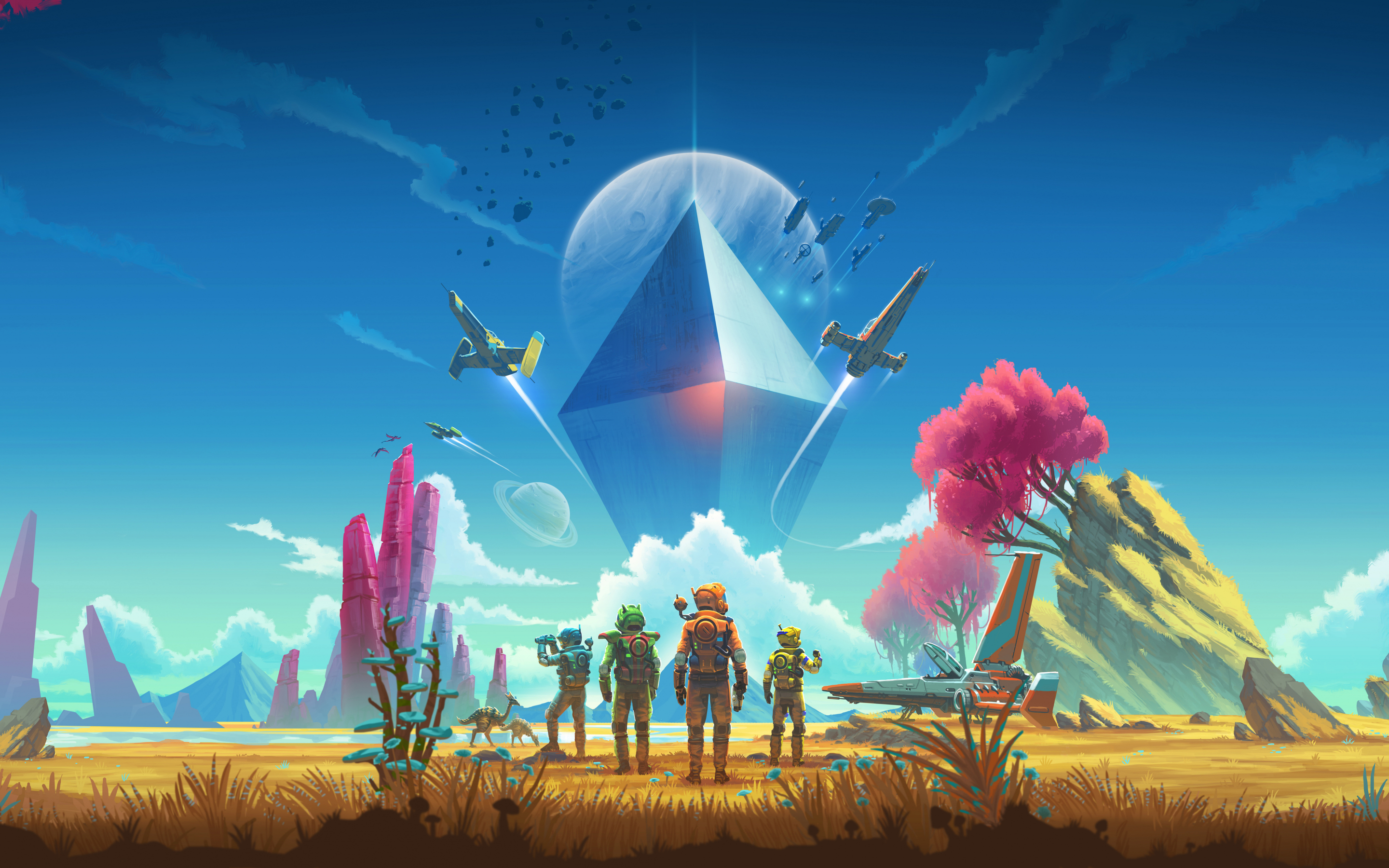 No Man's Sky, Astronauts, video game, landscape, pyramid, survival game, 2880x1800 wallpaper