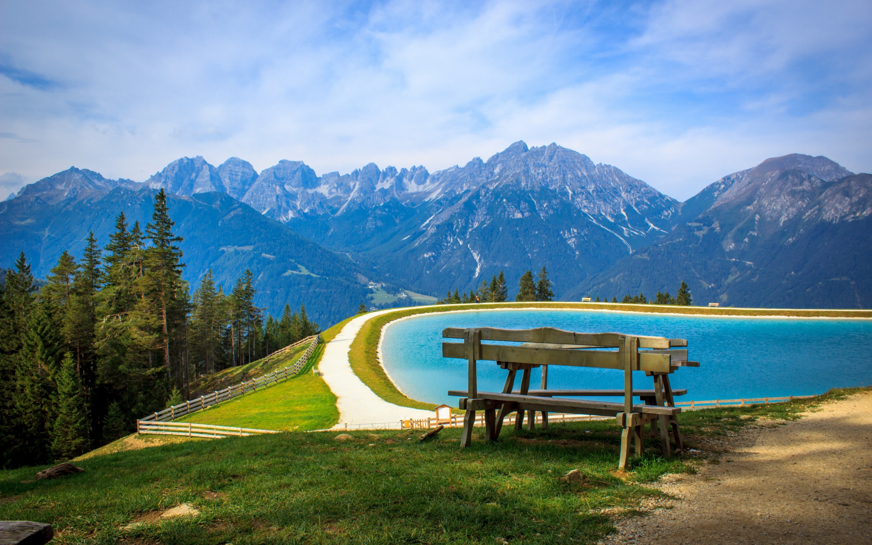 Lake, mountains, nature, landscape, bench, 2880x1800 wallpaper
