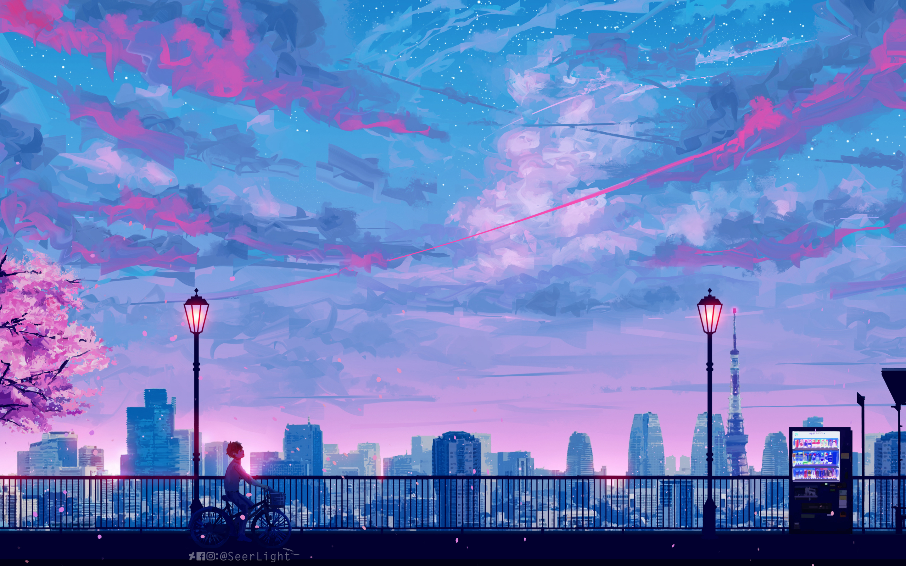 Lets go home, cityscape, bicycle ride, sunset, clouds, art, 2880x1800 wallpaper