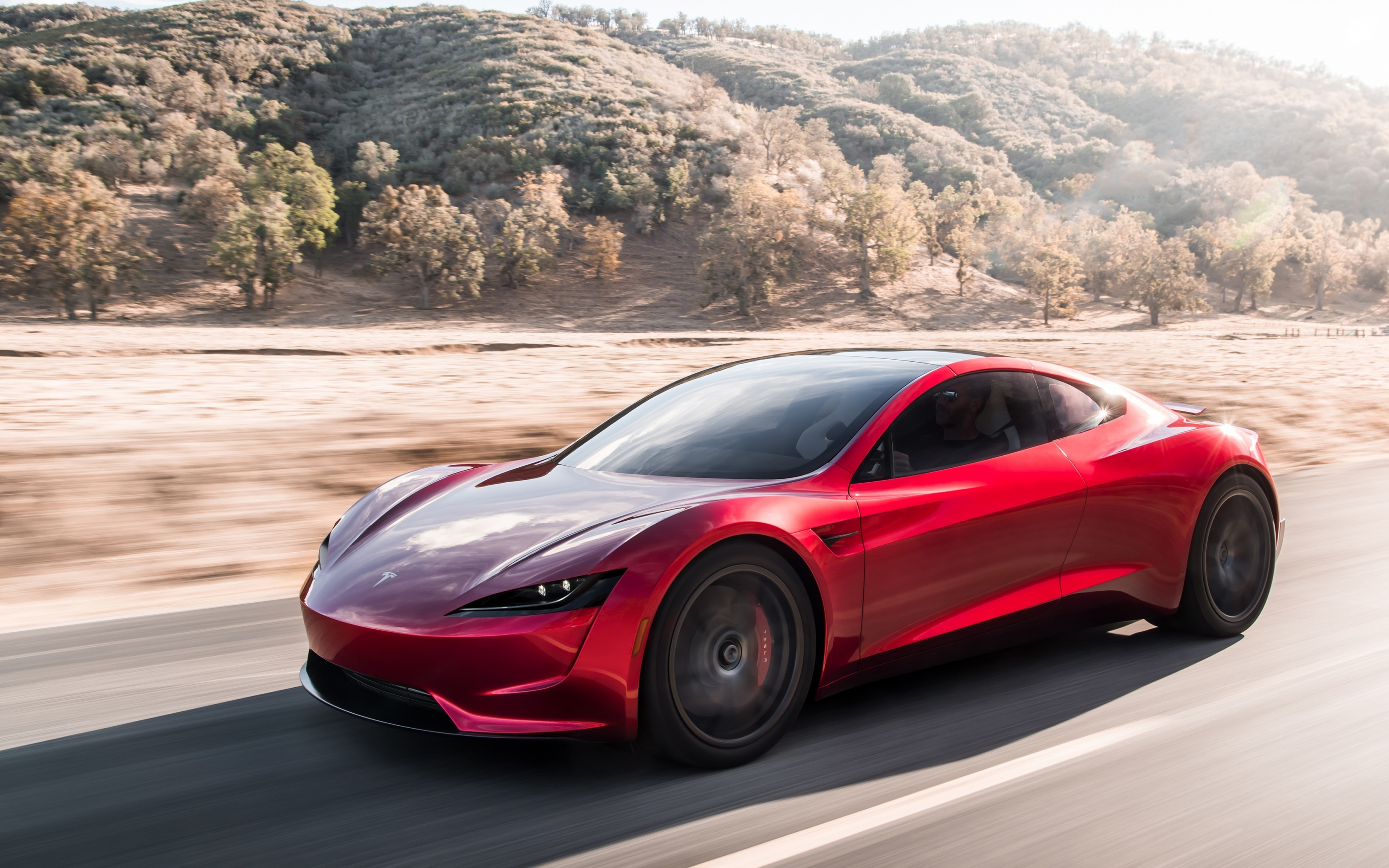 Red, sports car, Tesla Roadster, 2880x1800 wallpaper