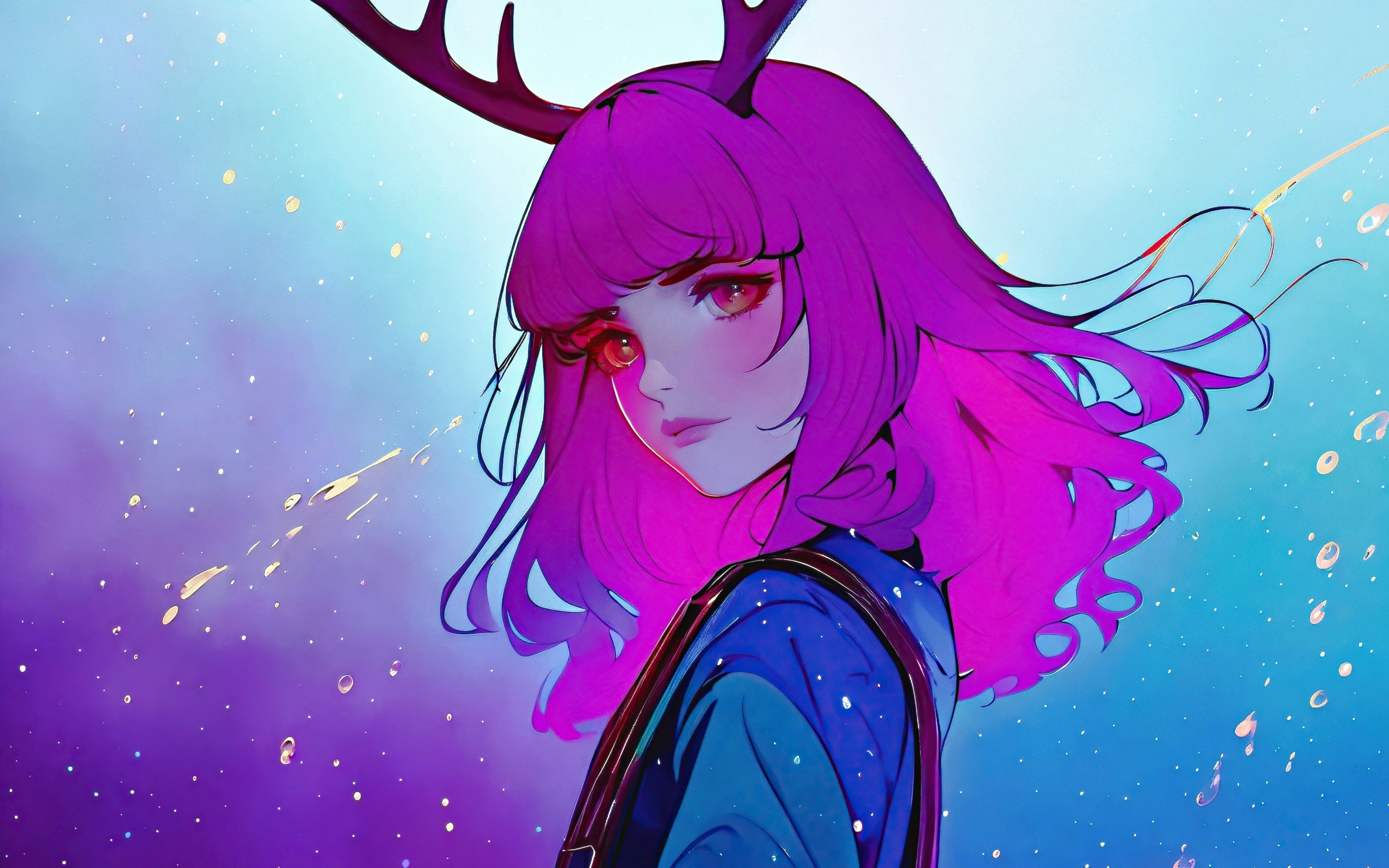 Purple hair girl with horns, fantasy, pretty eyes, art, 2880x1800 wallpaper