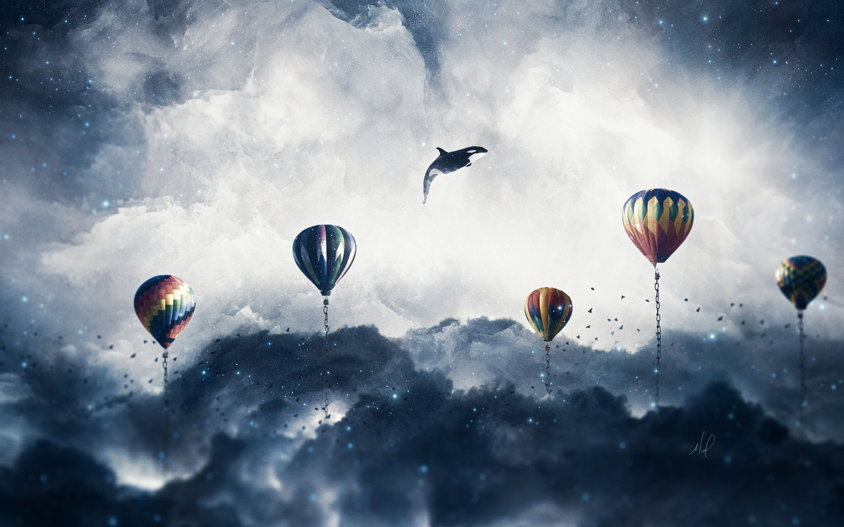 Surreal, hot air balloons, clouds, sky, dolphin, 2880x1800 wallpaper