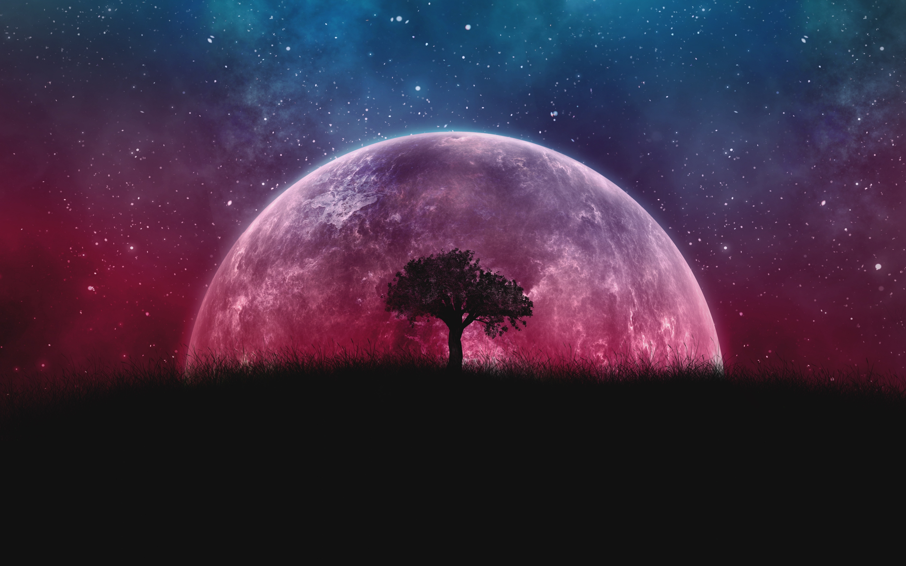 Planet, silhouette, tree, moon, galaxy, stars, photoshop, 2880x1800 wallpaper
