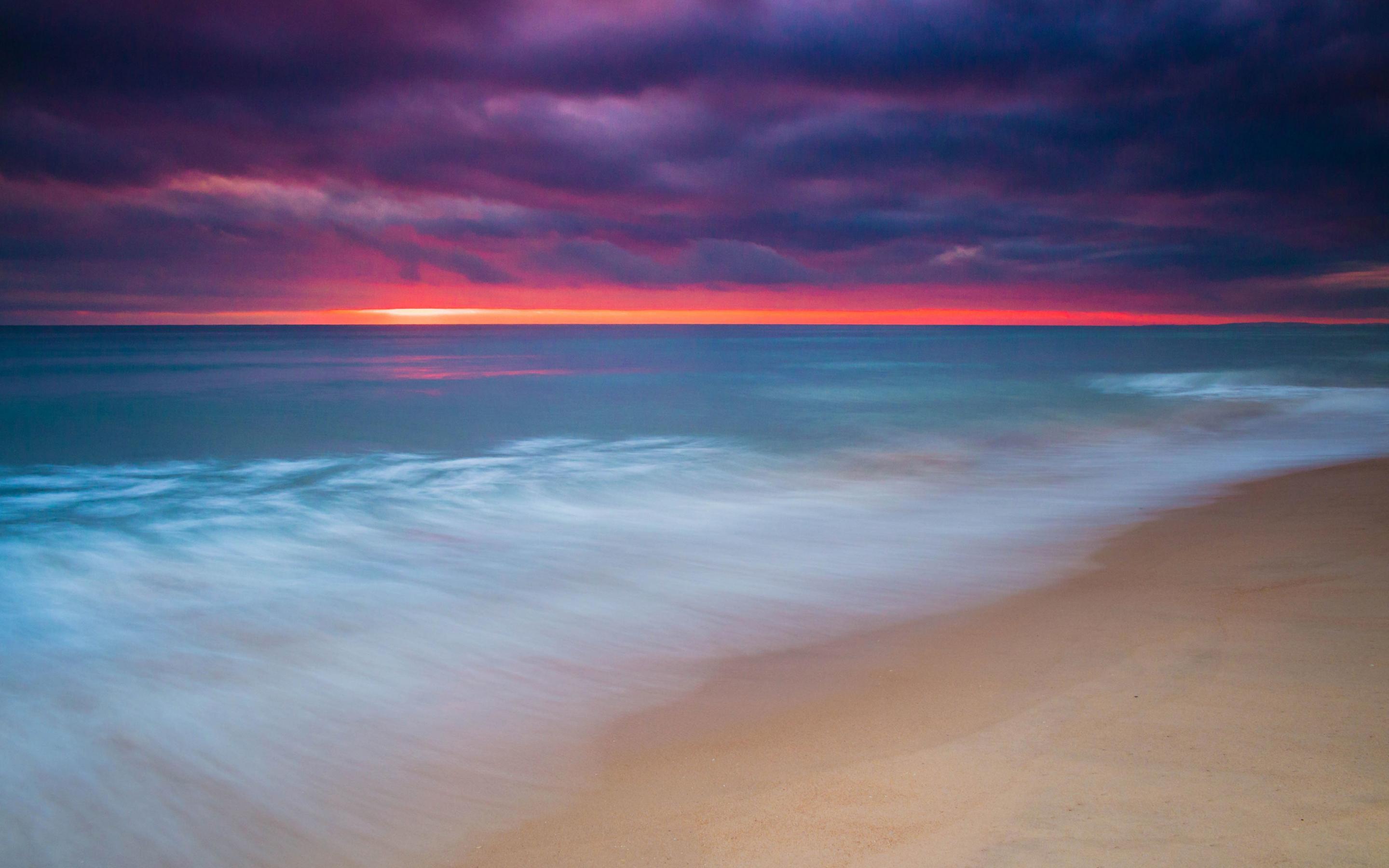 Smog, beach, white, sea waves, sunset, sea, nature, 2880x1800 wallpaper