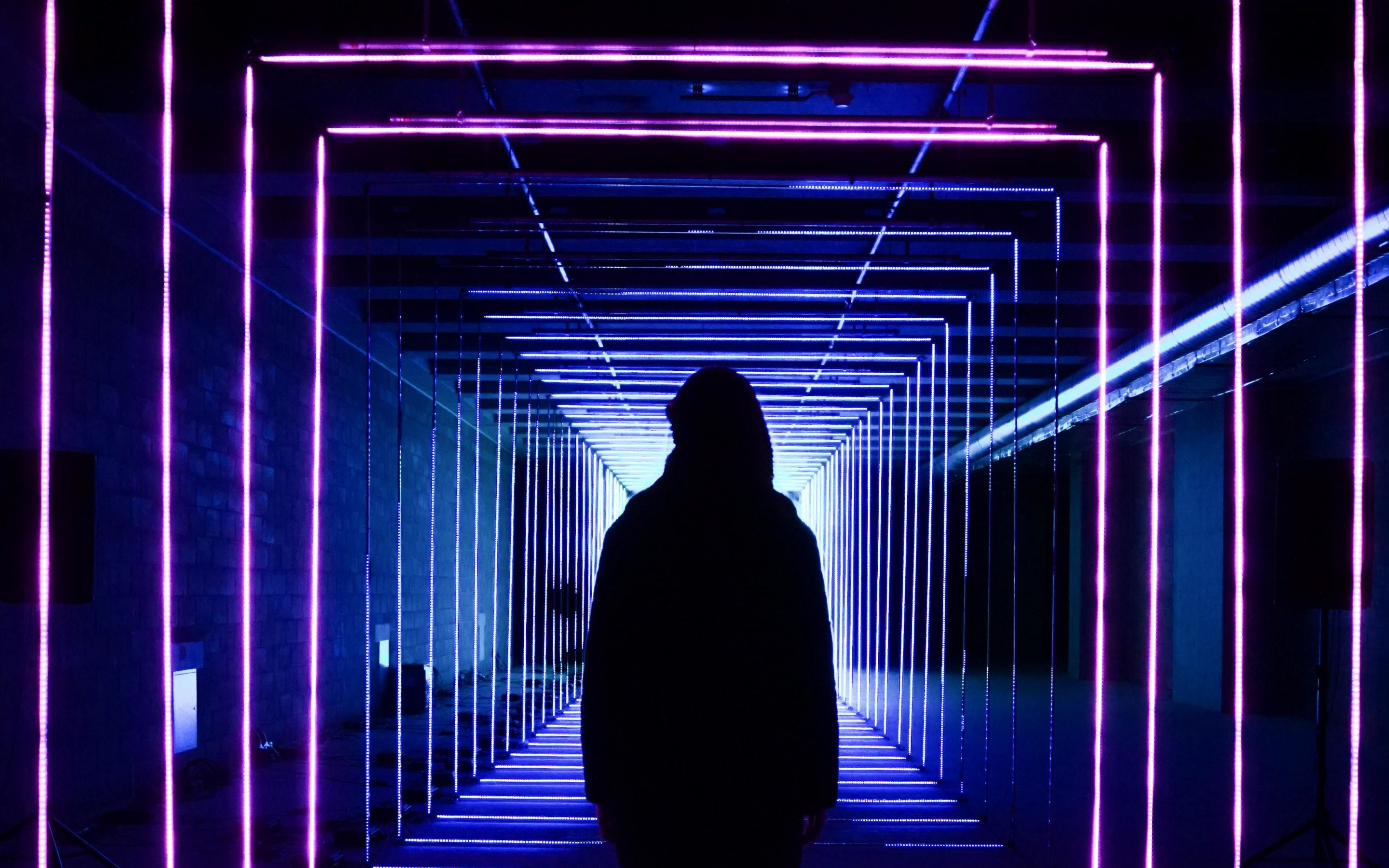 Neon lights, tunnel, silhouette, girl, 2880x1800 wallpaper