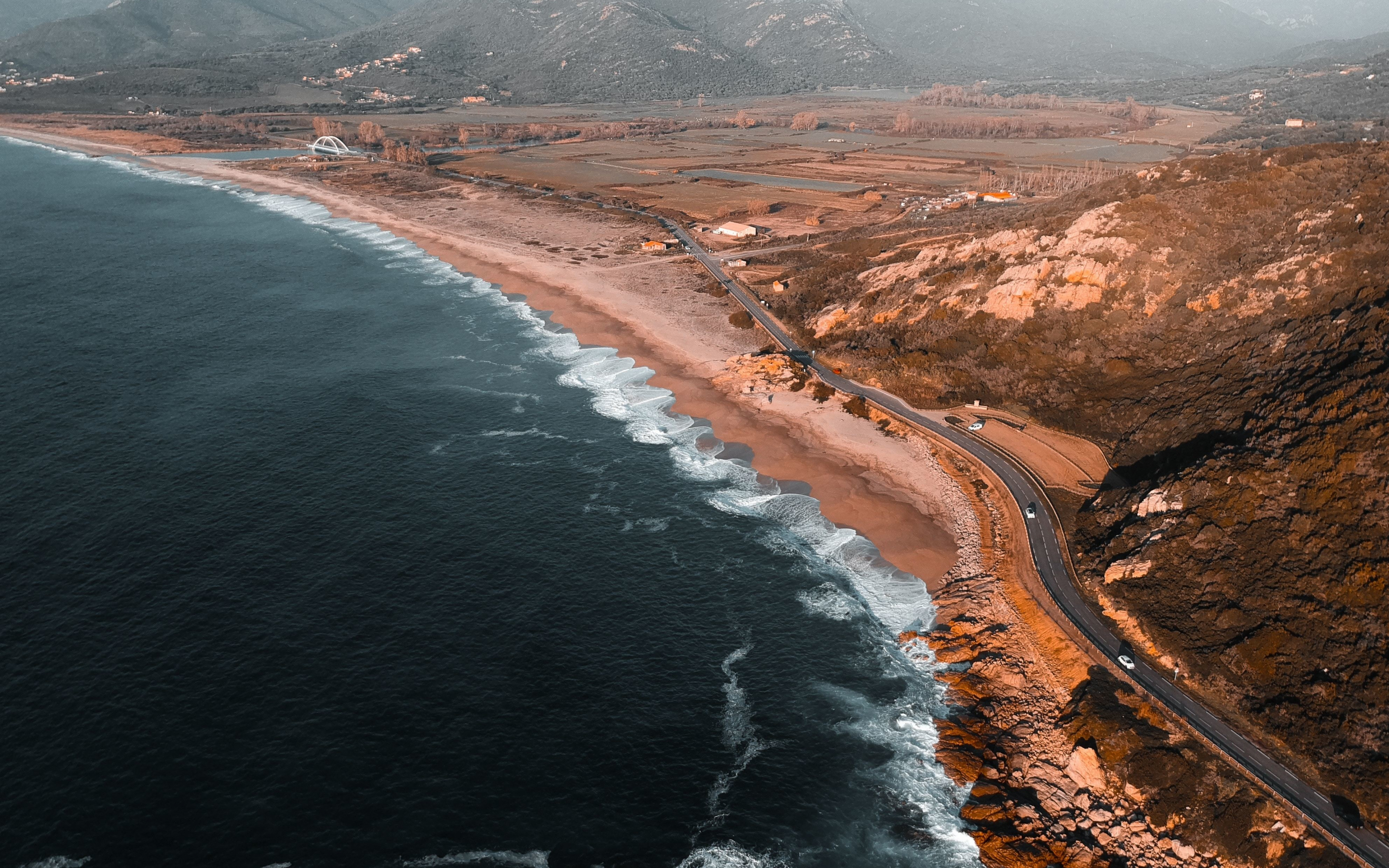 Aerial view, road, coast, landscape, 2880x1800 wallpaper