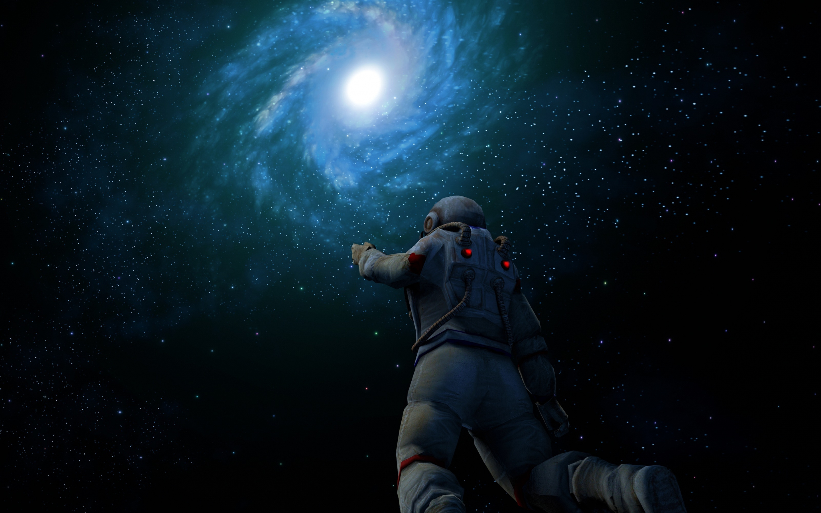 Astronaut, spiral galaxy, nebula, cosmos universe, dark, 2880x1800 wallpaper