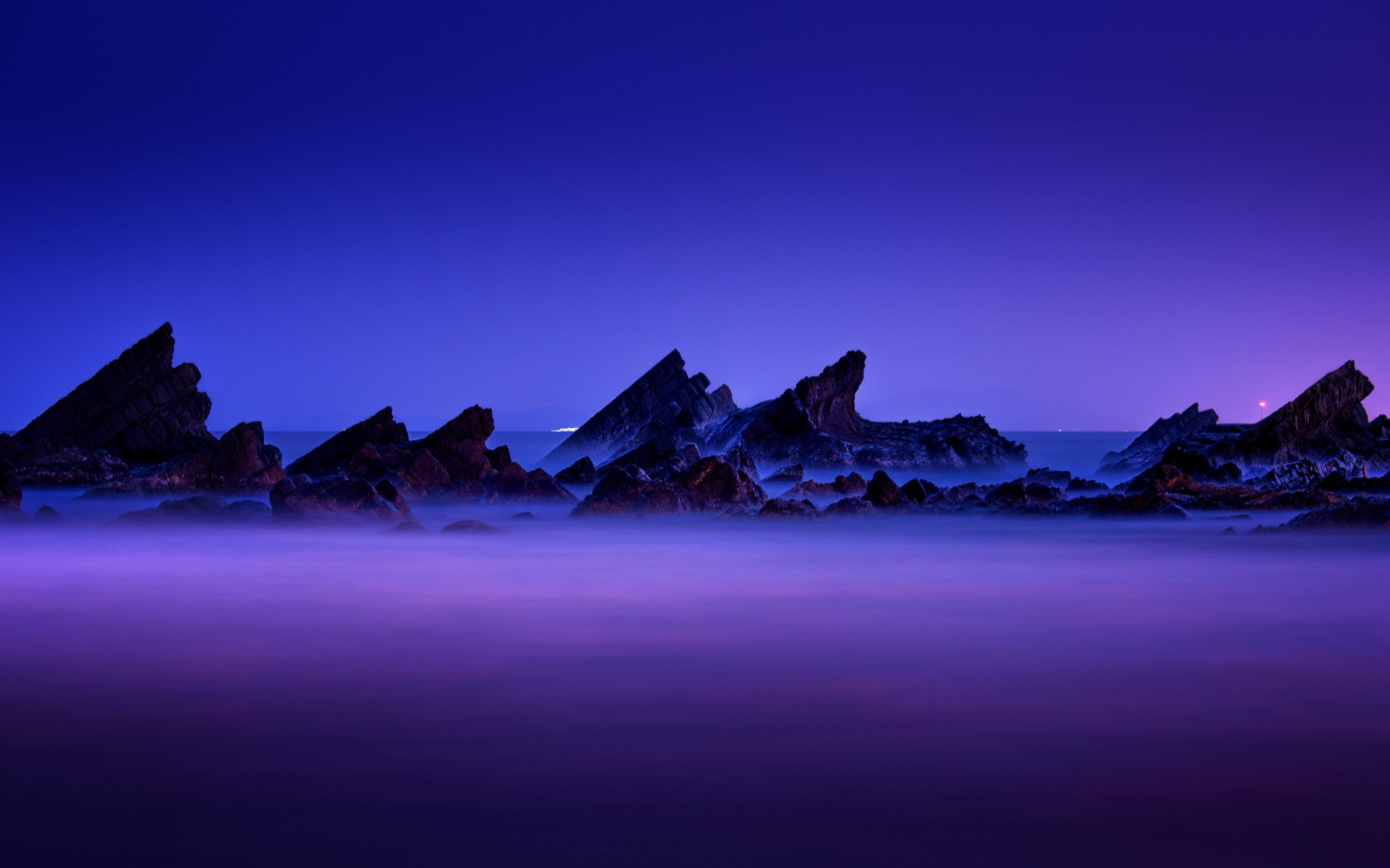 Purple sky, sunset, rocks, coast, beach, seascape, 2880x1800 wallpaper