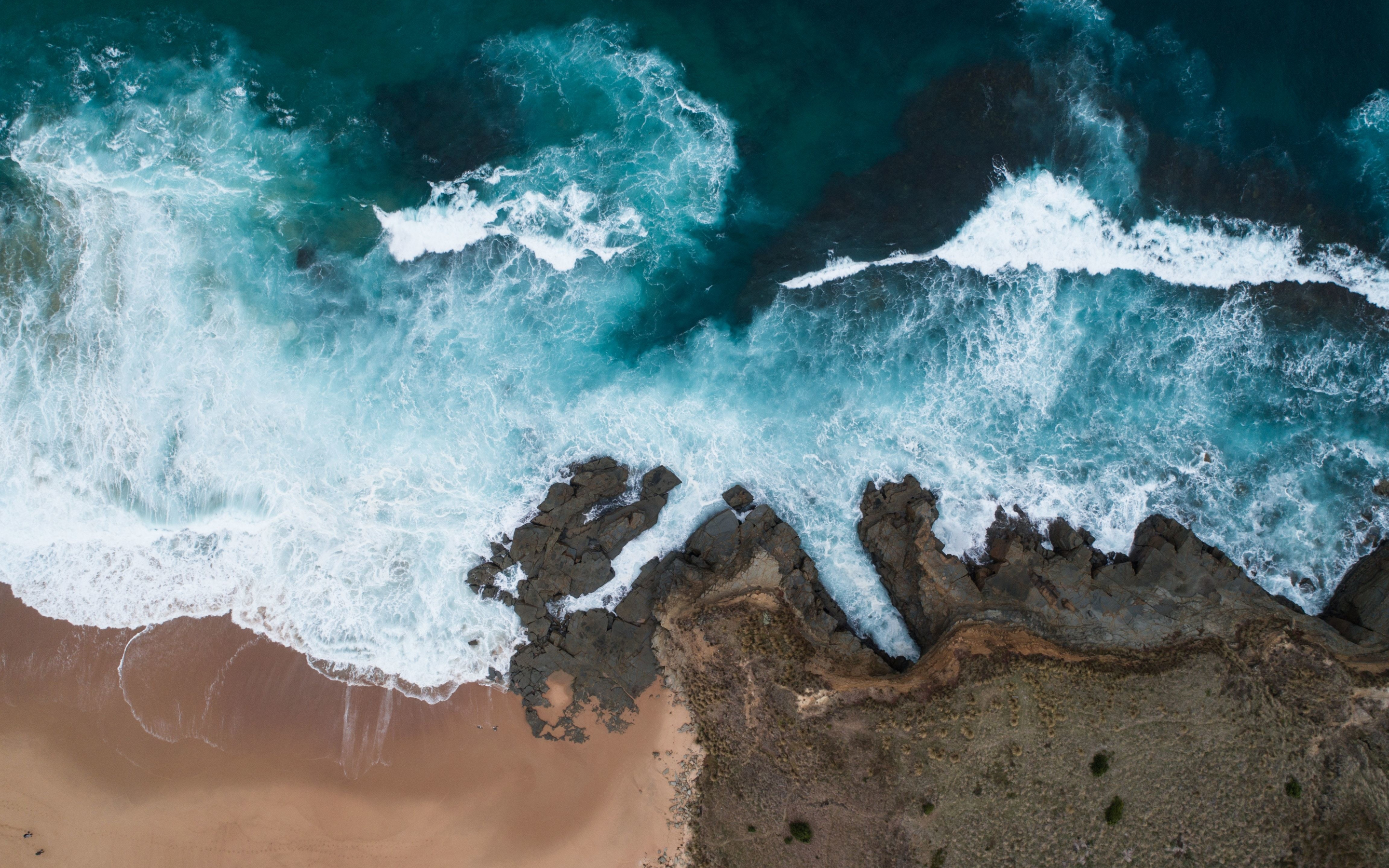 Beach, coast, sea waves, sea, aerial view, 2880x1800 wallpaper
