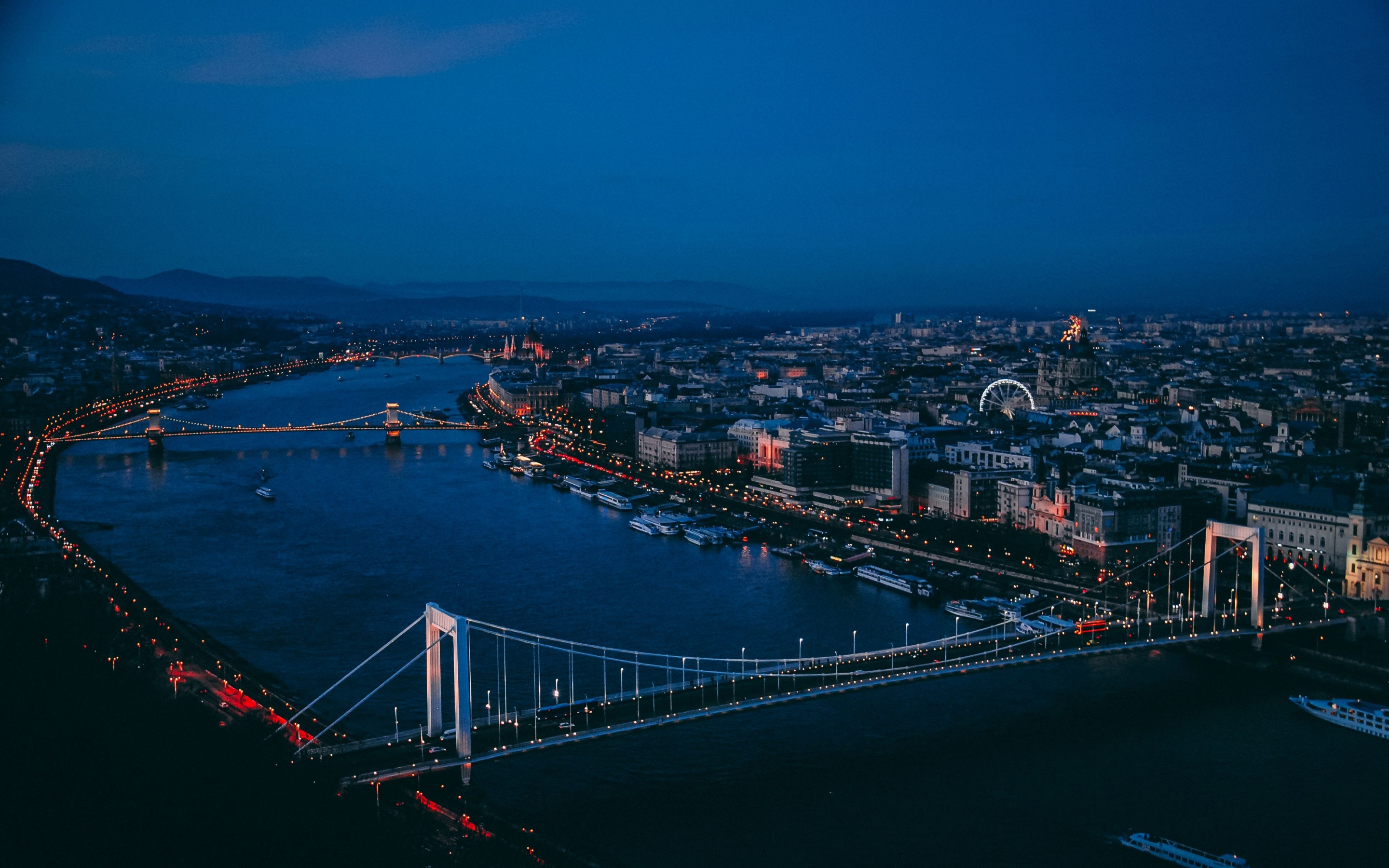 Bridges of Budapest, city, aerial view, sky, sunset, 2880x1800 wallpaper