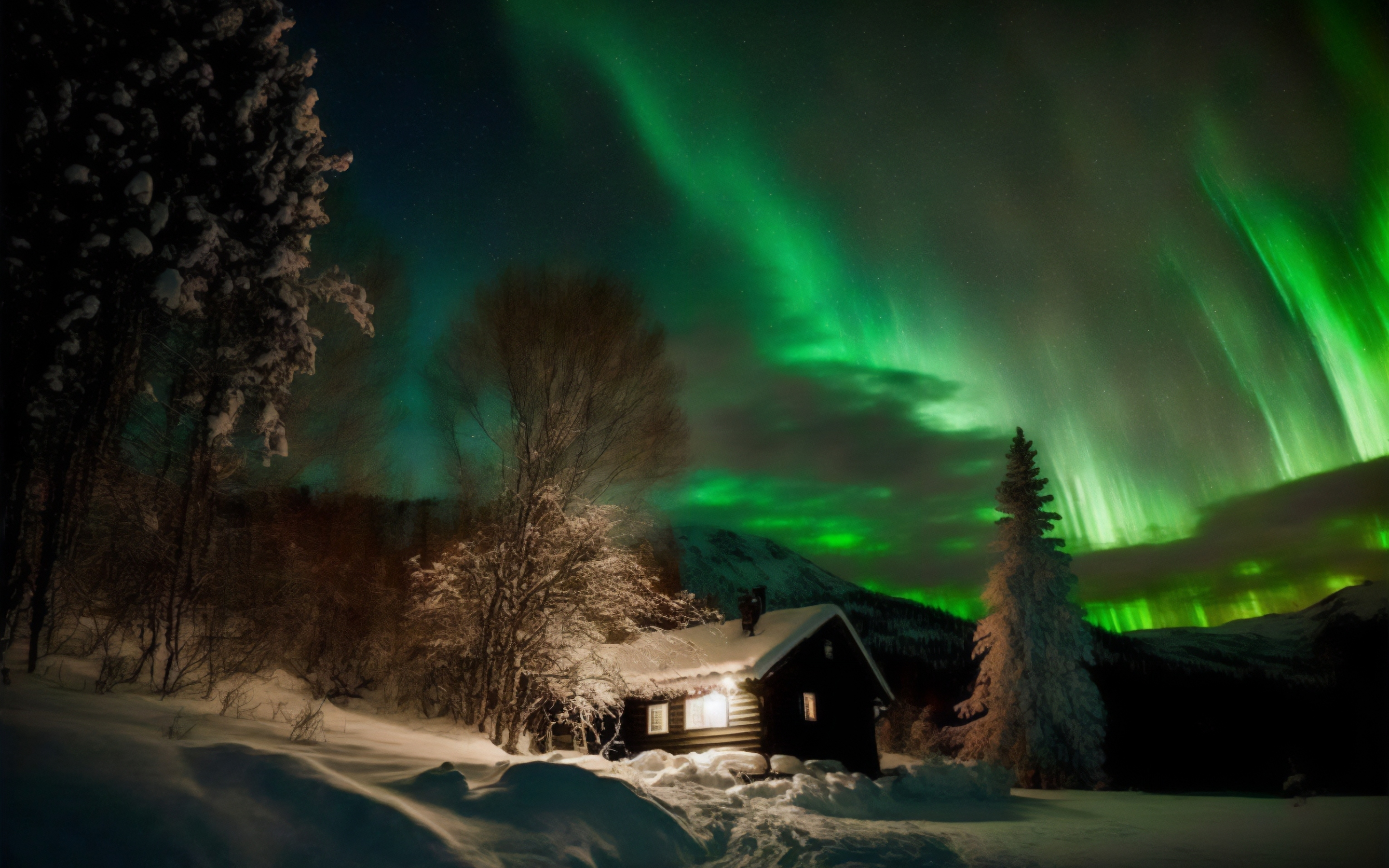 House in winter, snowlayer landscape, northern lights, artwork, 2880x1800 wallpaper