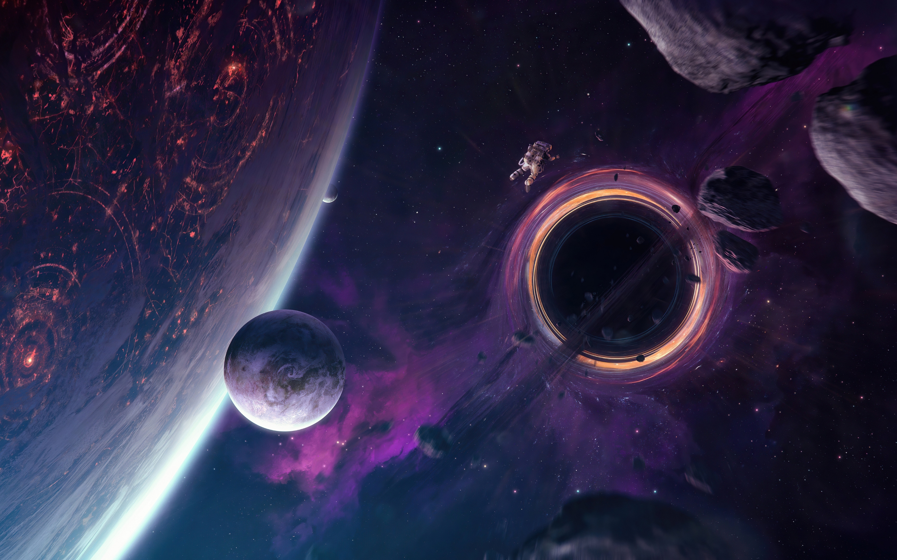 Black hole and planets, astronaut exploration, space, 2880x1800 wallpaper