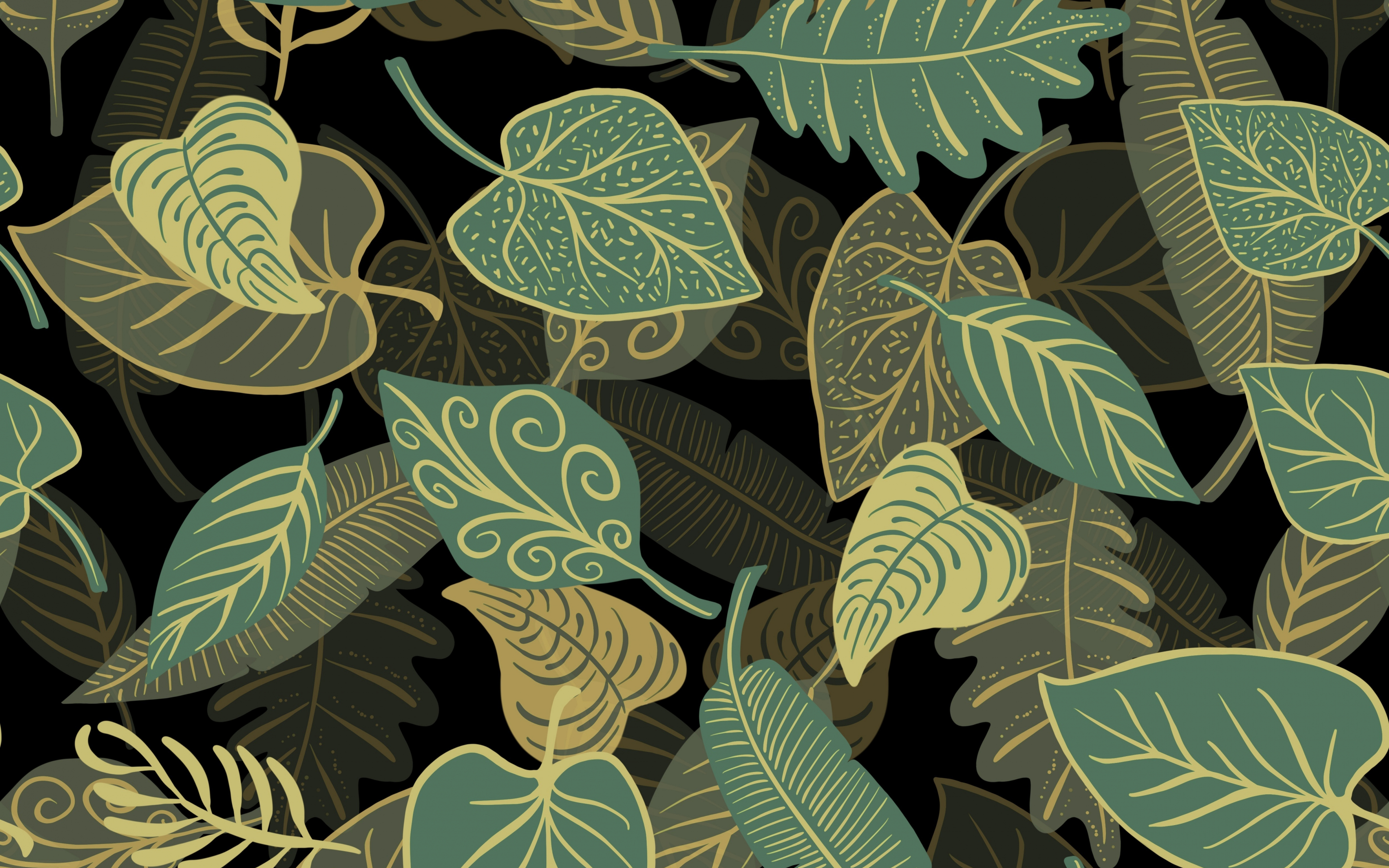 Digital art, green leaves, abstract, 2880x1800 wallpaper
