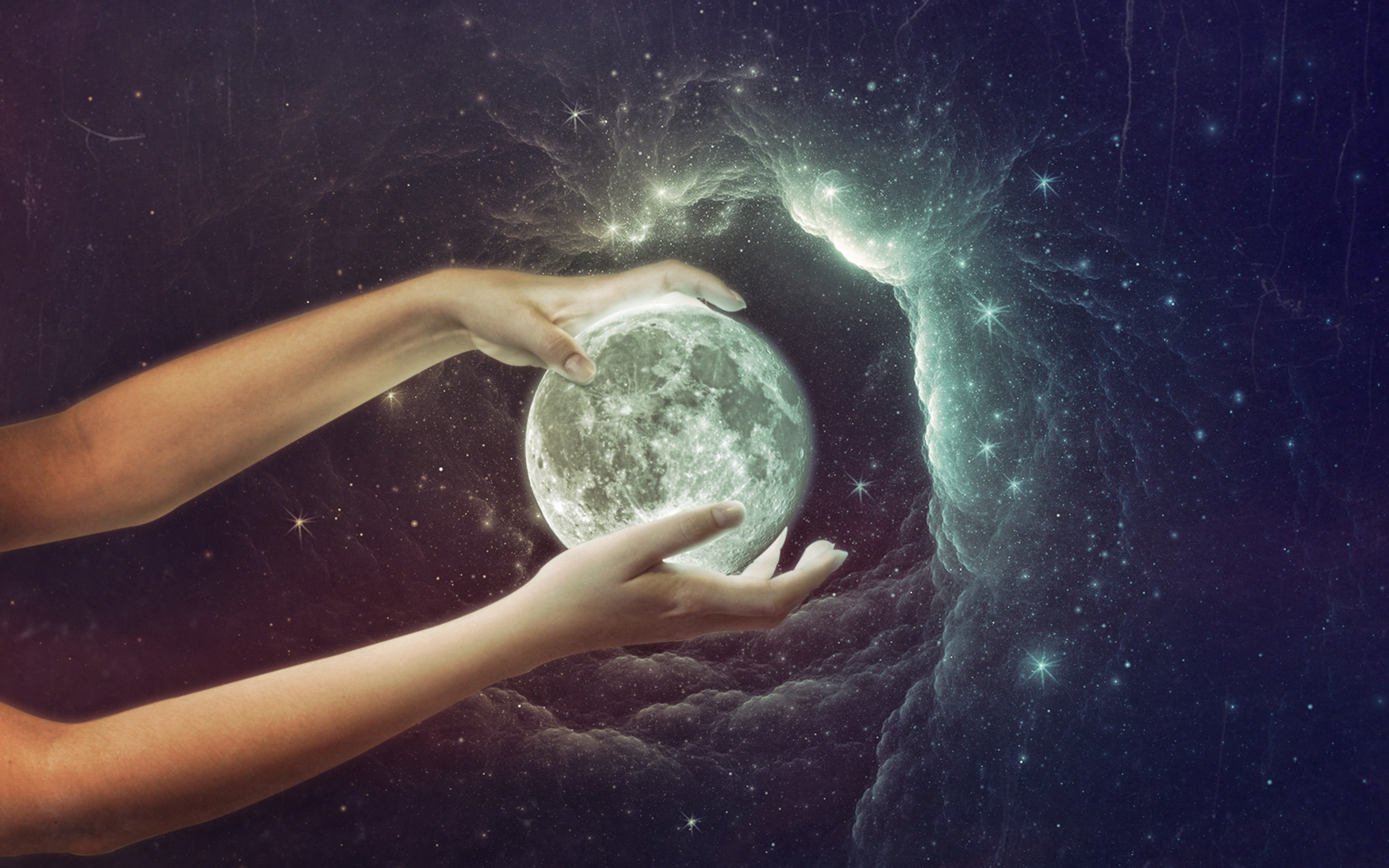 Hands, moon, planet, space, clouds, fantasy, art, 2880x1800 wallpaper