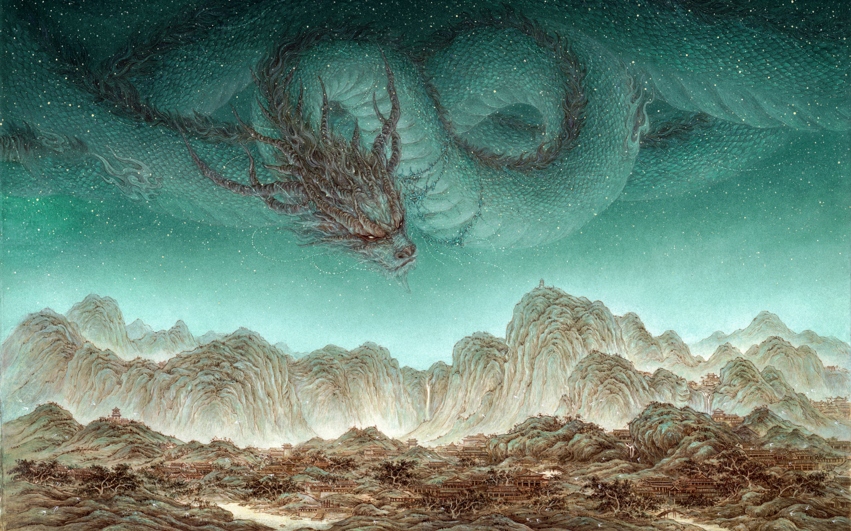 Dragon in sky, AI art, fantasy, 2880x1800 wallpaper