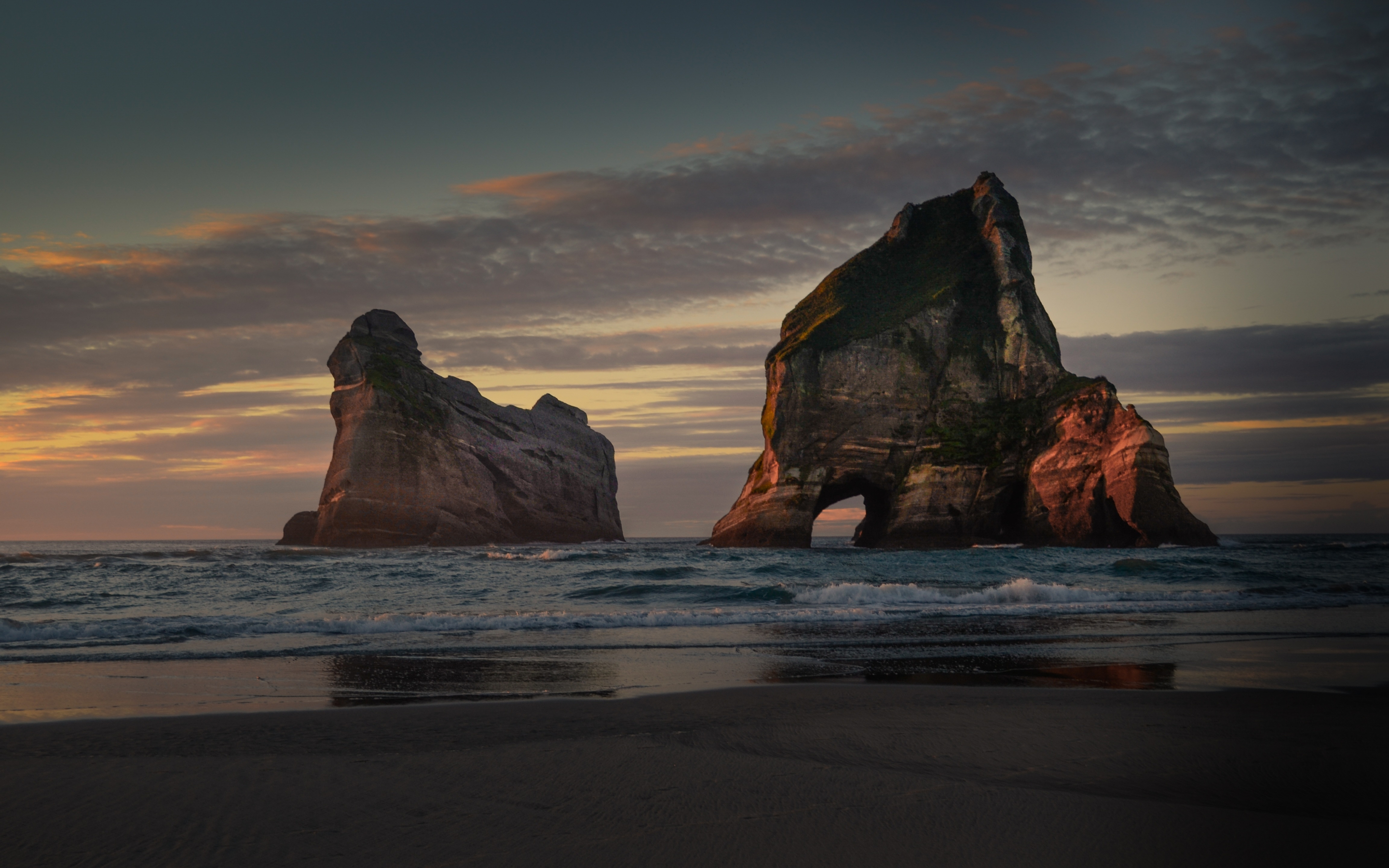 New Zealand, beach, arc, cliff, sunset, 2880x1800 wallpaper