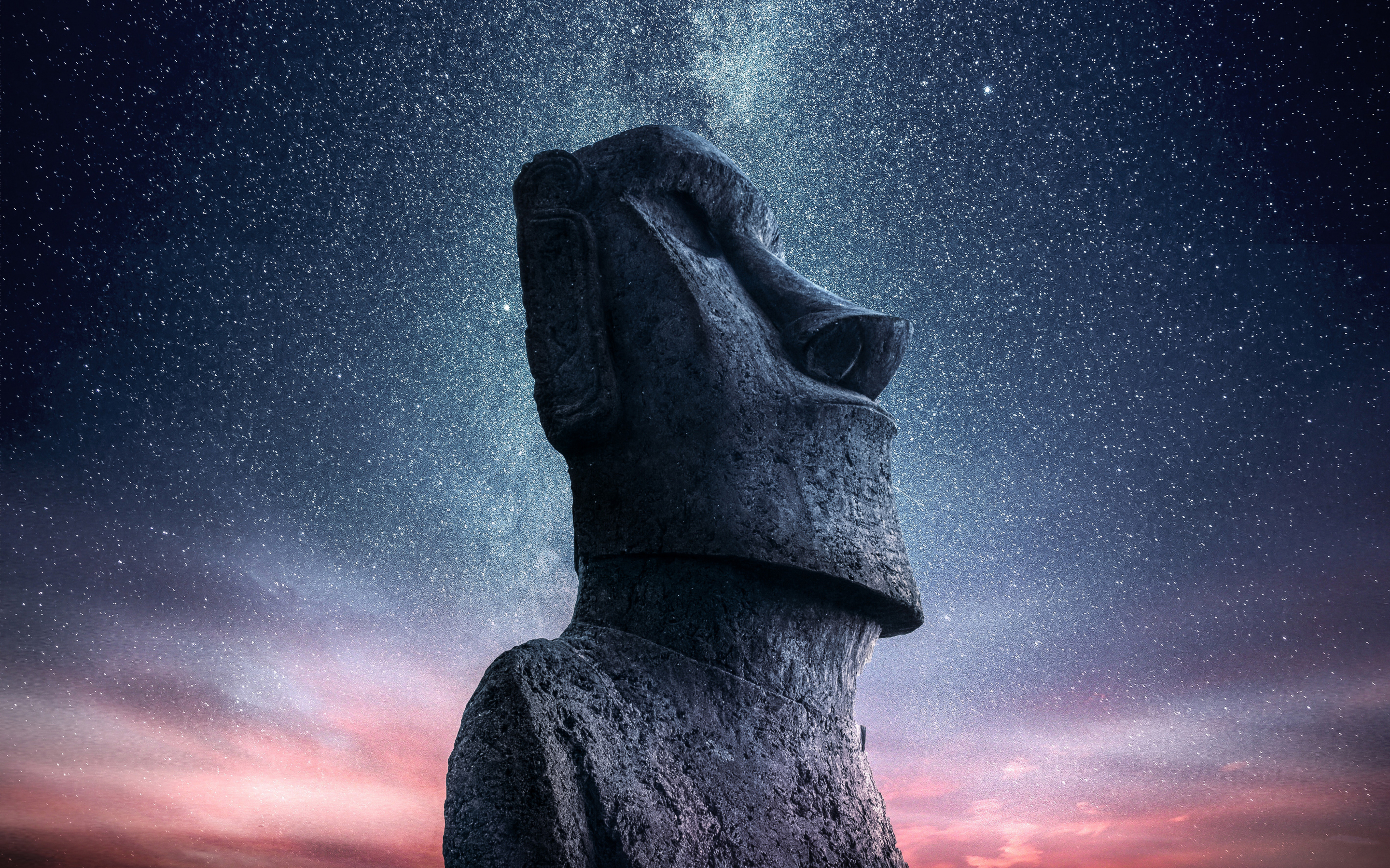 Moai, Statue, Easter Island, sunset, starry sky, 2880x1800 wallpaper