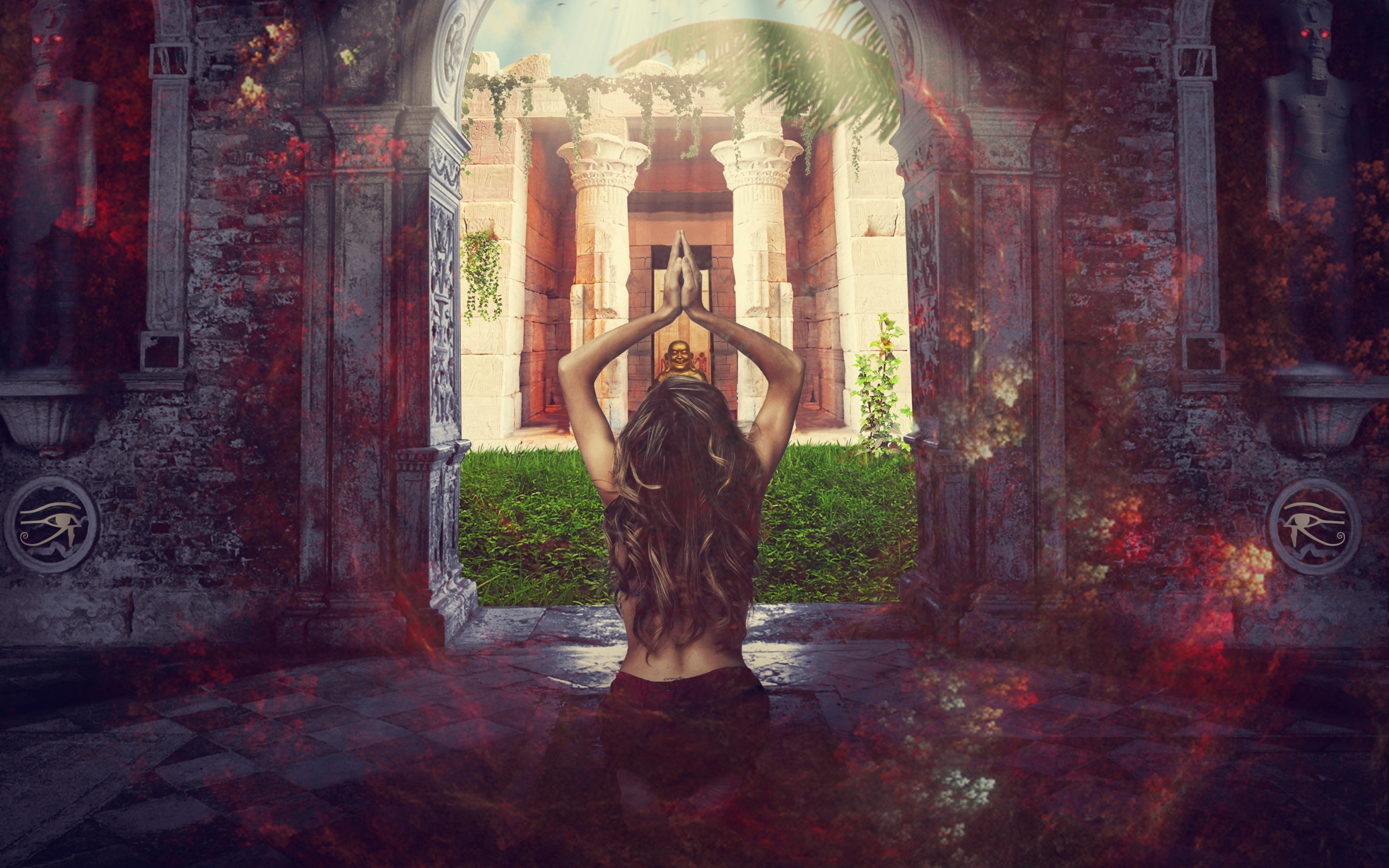 Forest, gate, outdoor, praying girl, 2880x1800 wallpaper