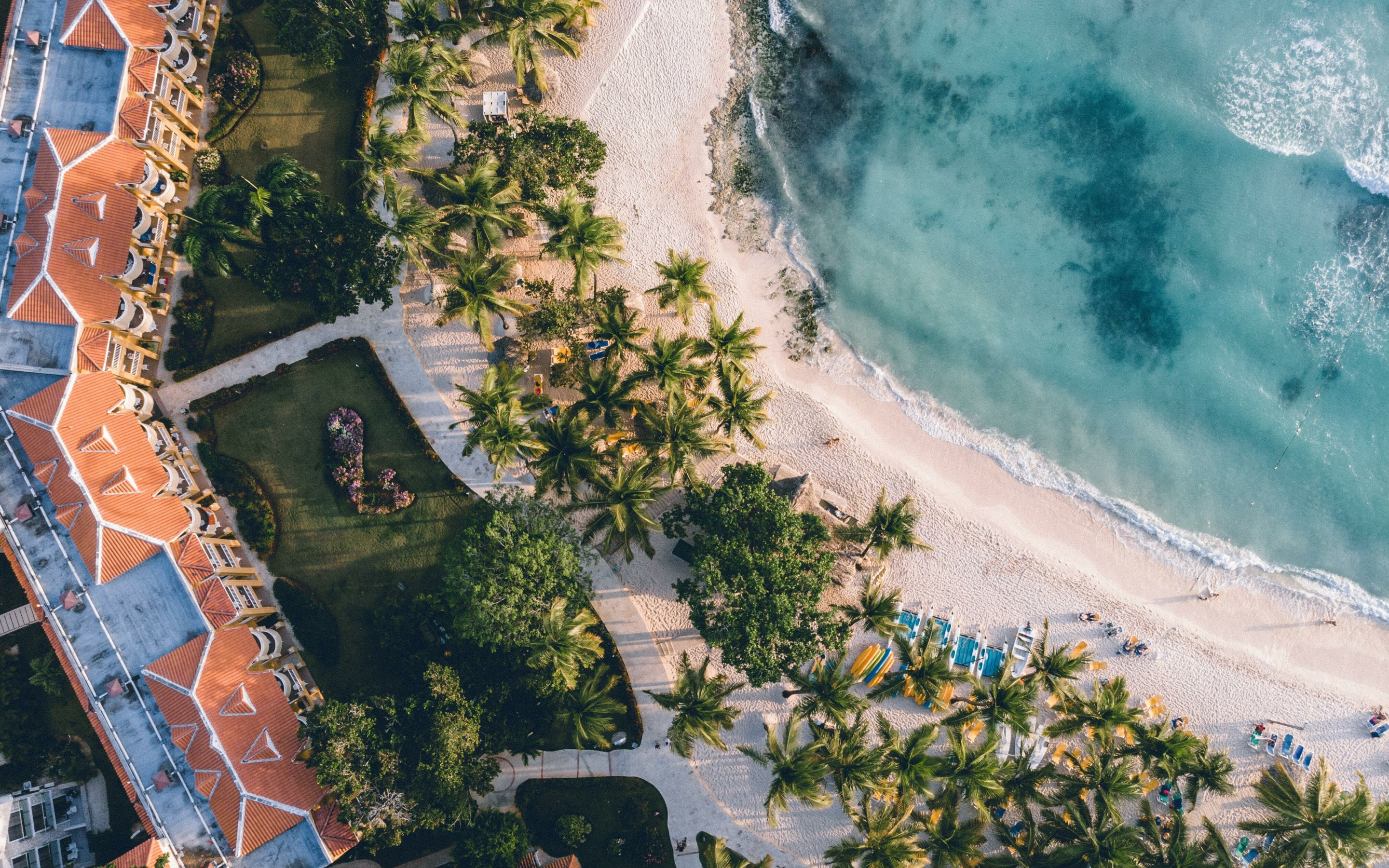 Aerial views of palms and beach, resort, nature, 2880x1800 wallpaper