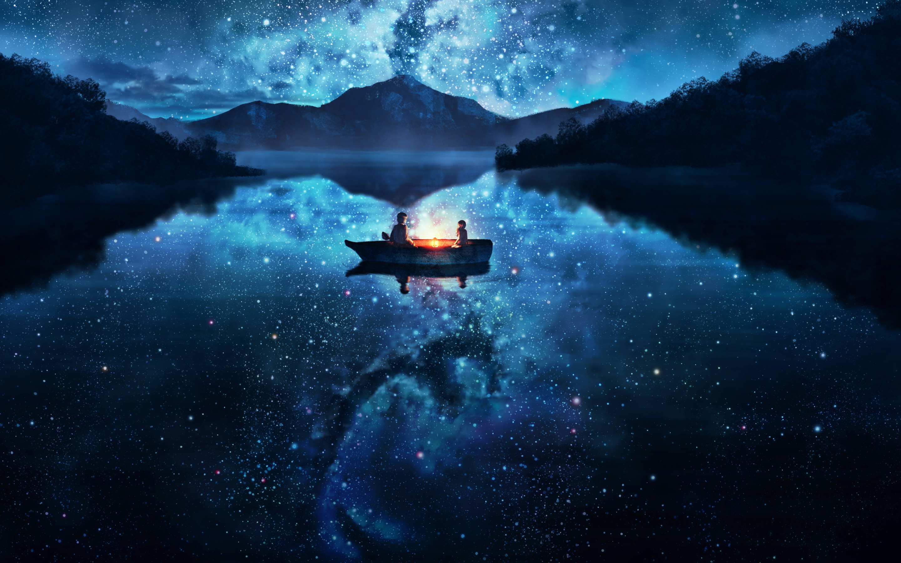 Beautiful lake, night out, dark, lake and boat, reflections, 2880x1800 wallpaper