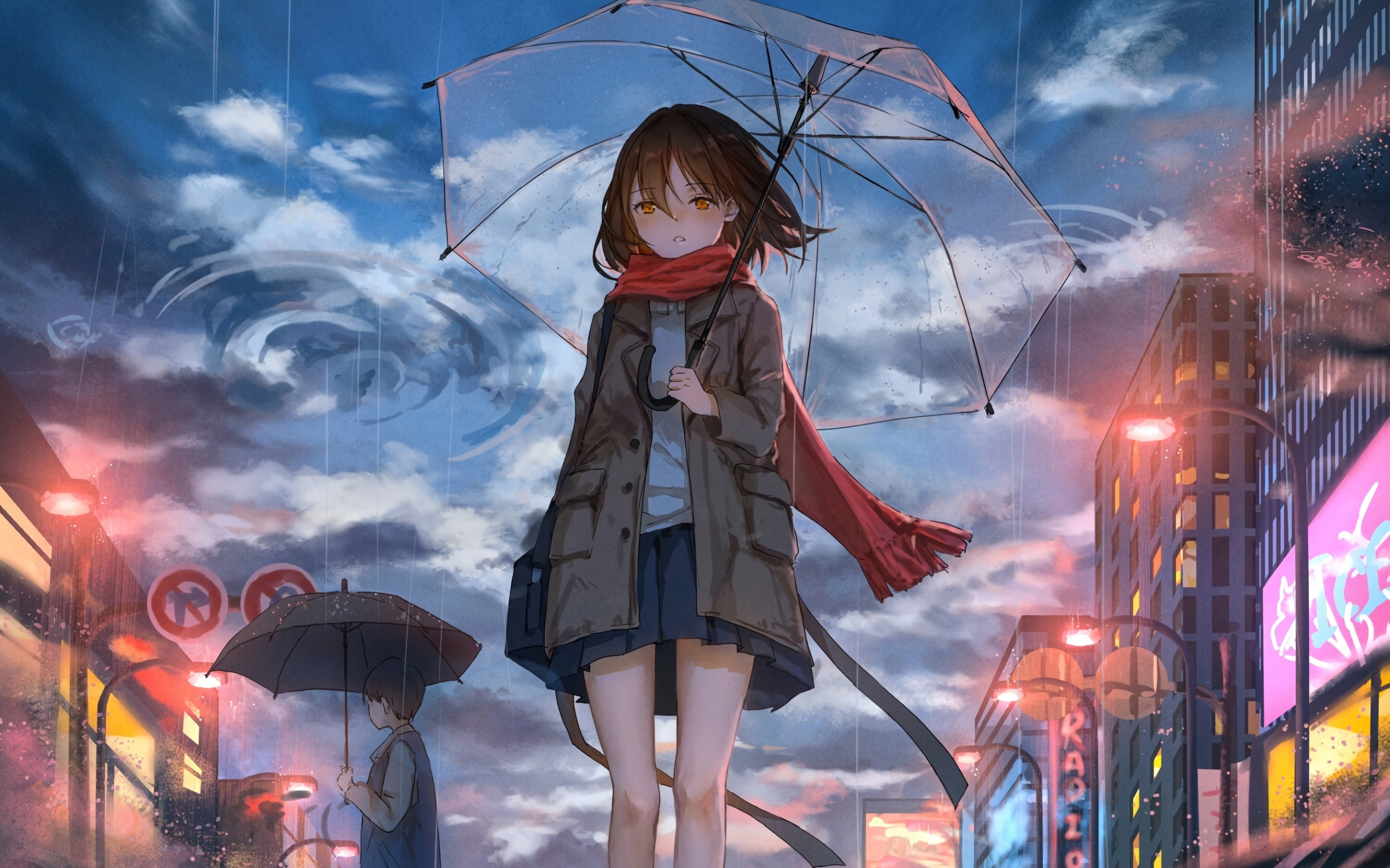 Girl with umbrella, rain, anime, original, 2880x1800 wallpaper