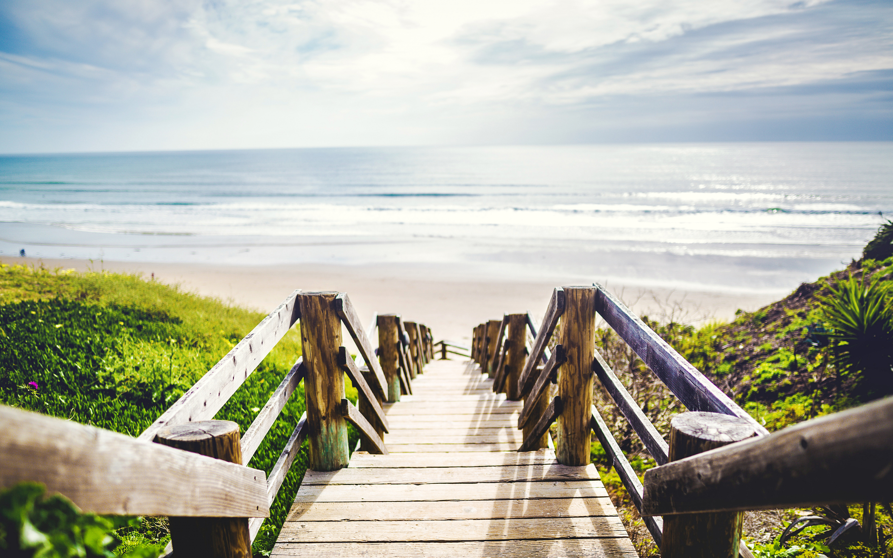 Beach, wooden stair, holiday, nature, 2880x1800 wallpaper