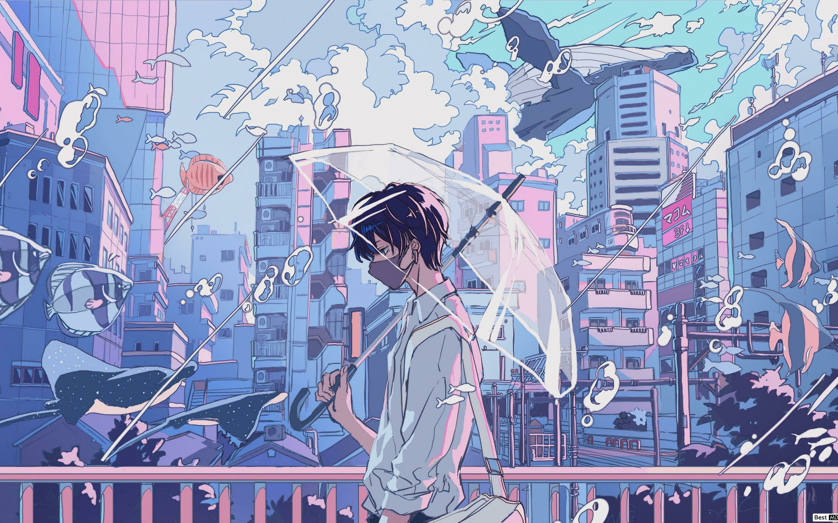 Underwater, boy walk, anime, 2880x1800 wallpaper
