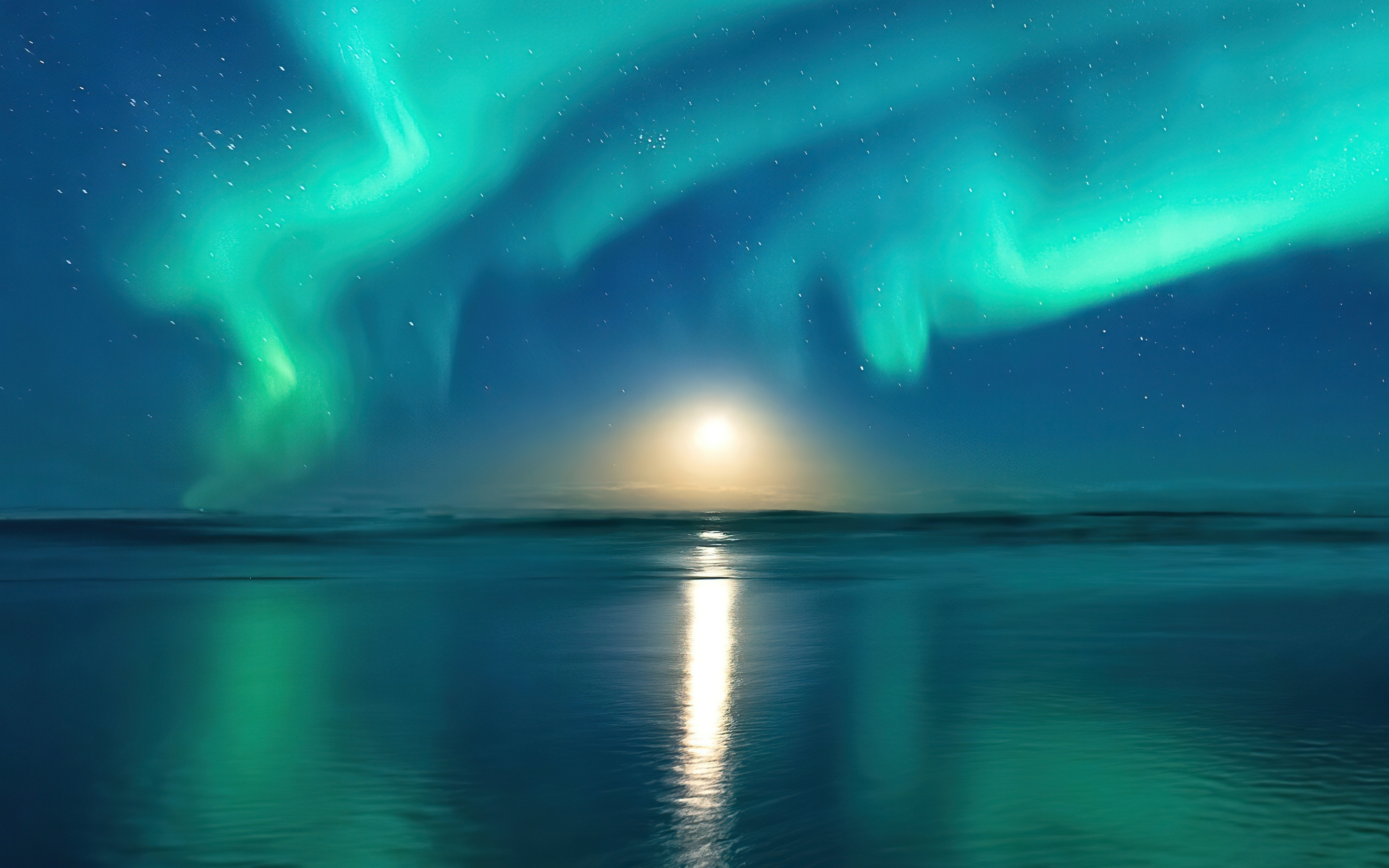 Green sky, northern lights, nature, seascape, 2880x1800 wallpaper