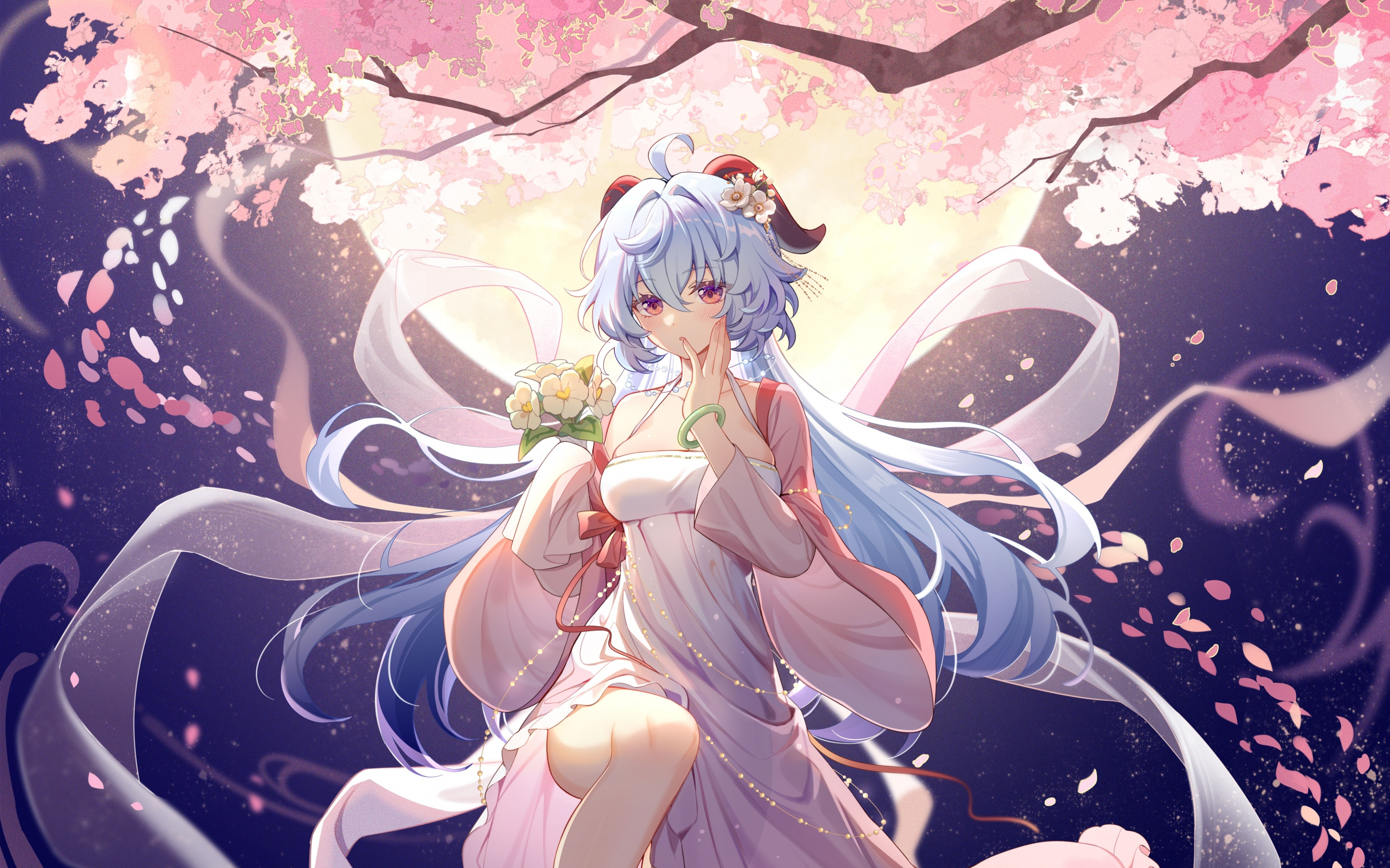 Blossom and girl, blue hair, Genshin Impact, game, 2880x1800 wallpaper