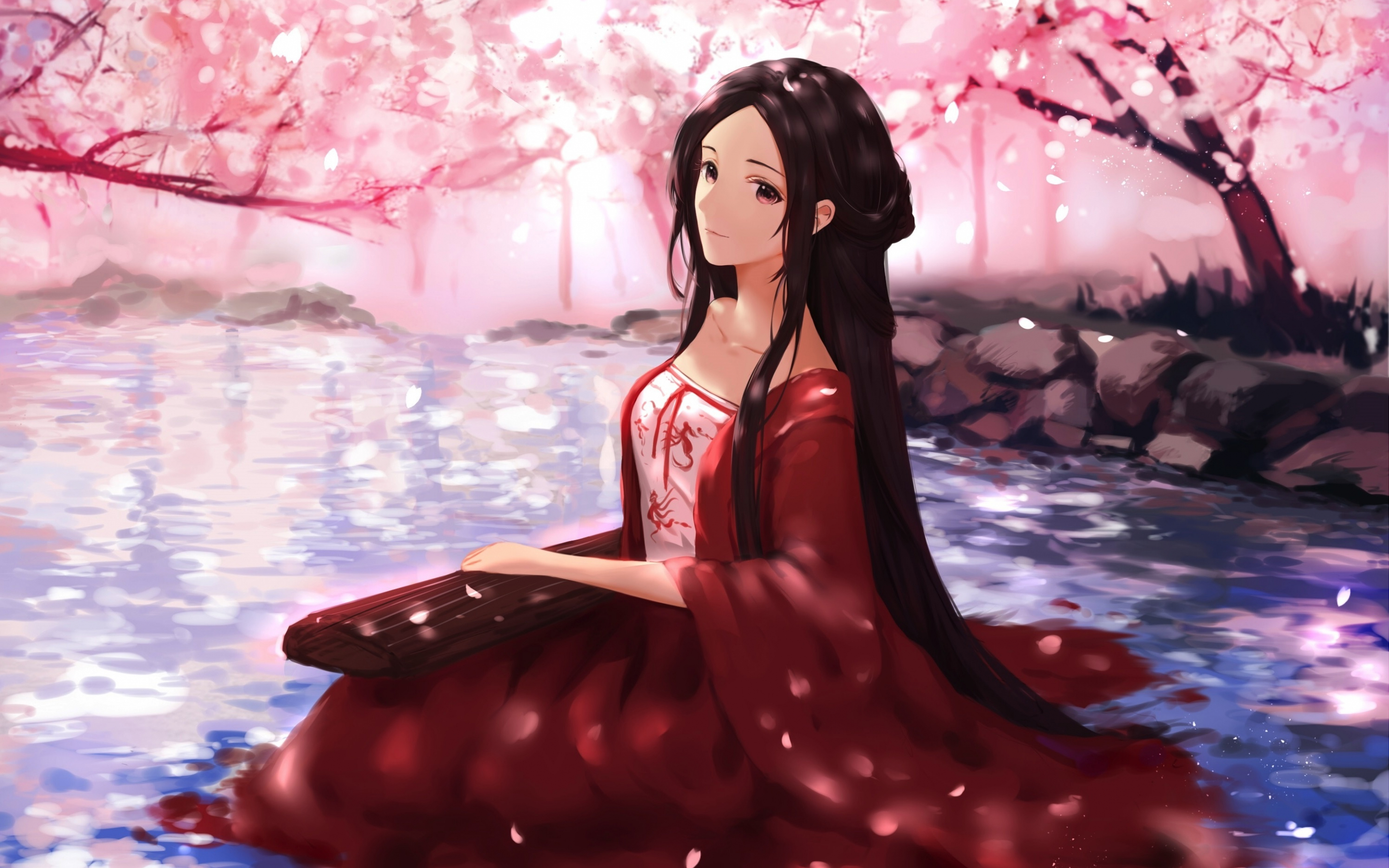 Cute, anime girl, cherry flowers, music, play, 2880x1800 wallpaper