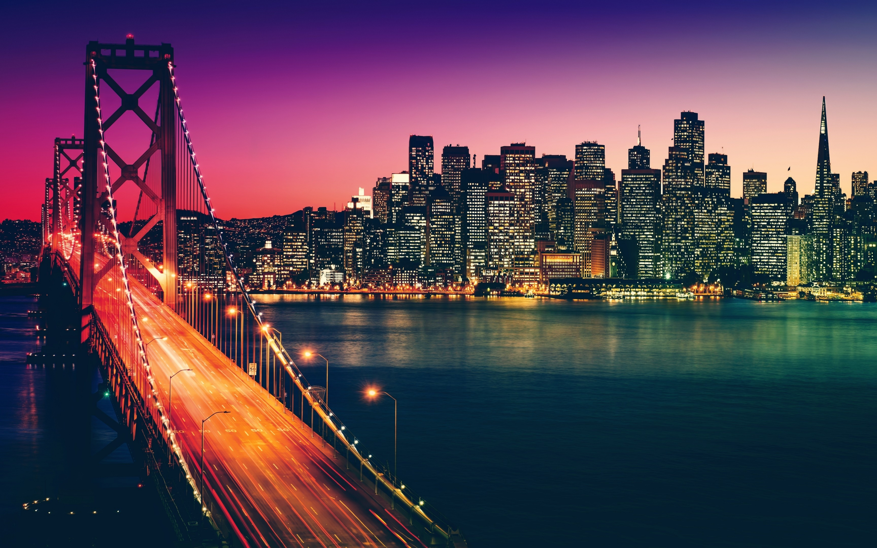 San Francisco, city, buildings, bridge, night, 2880x1800 wallpaper